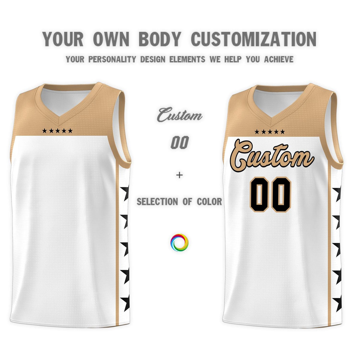 Custom White Old Gold Personalized Star Pattern Sports Uniform Basketball Jersey