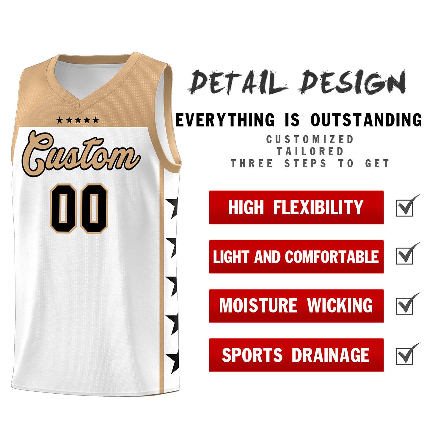 Custom White Old Gold Personalized Star Pattern Sports Uniform Basketball Jersey
