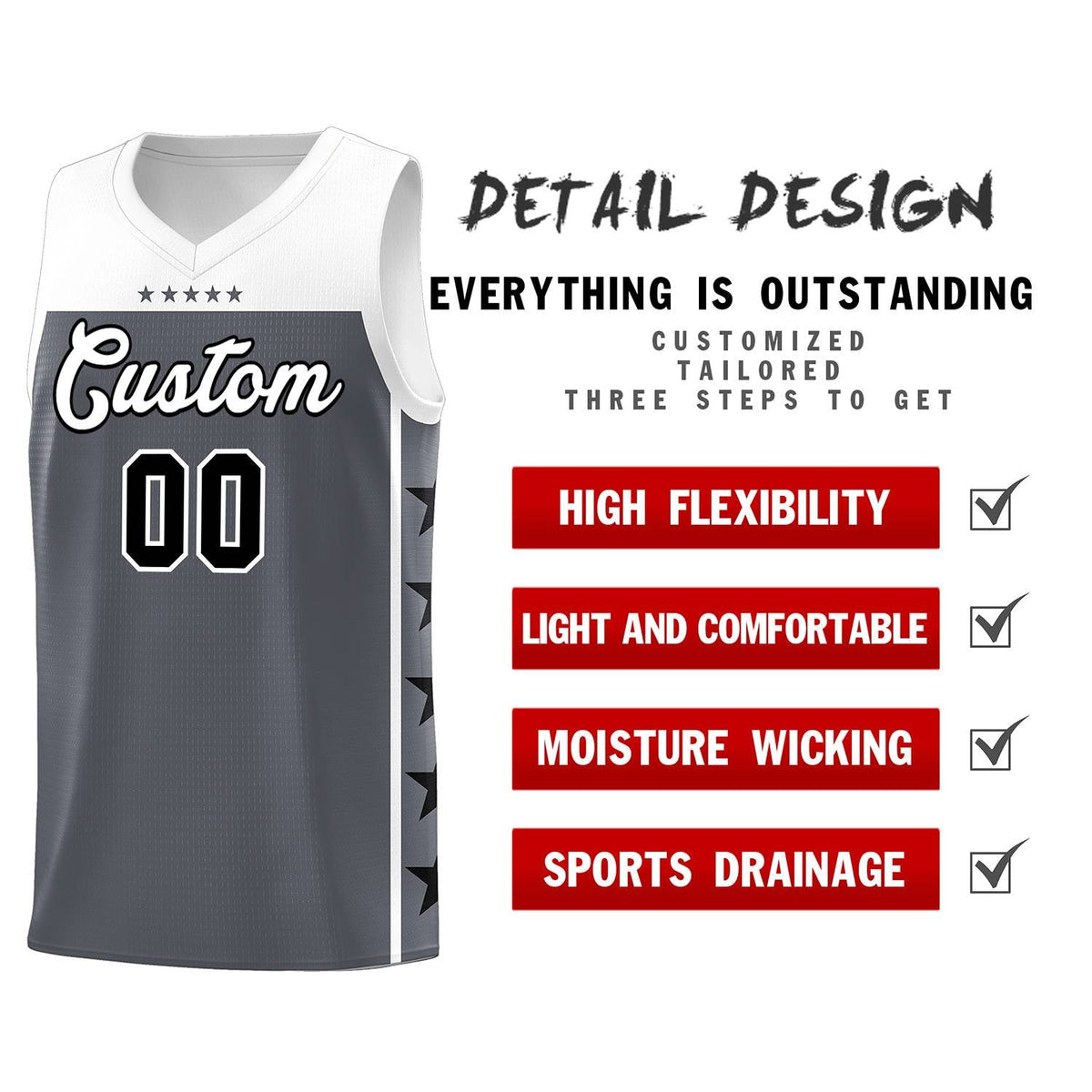 Custom Dark Gray White Personalized Star Pattern Sports Uniform Basketball Jersey