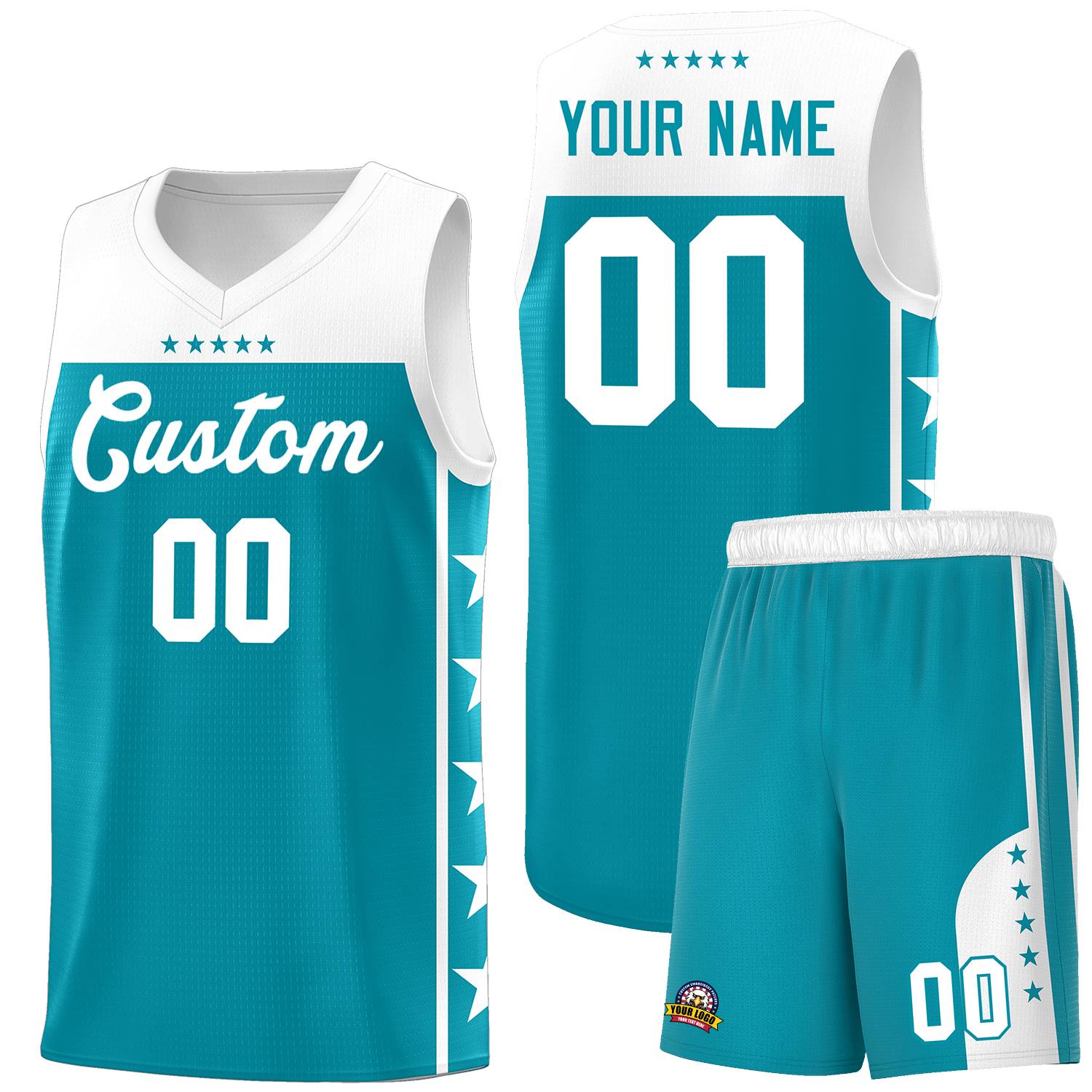Custom Aqua White Personalized Star Pattern Sports Uniform Basketball Jersey