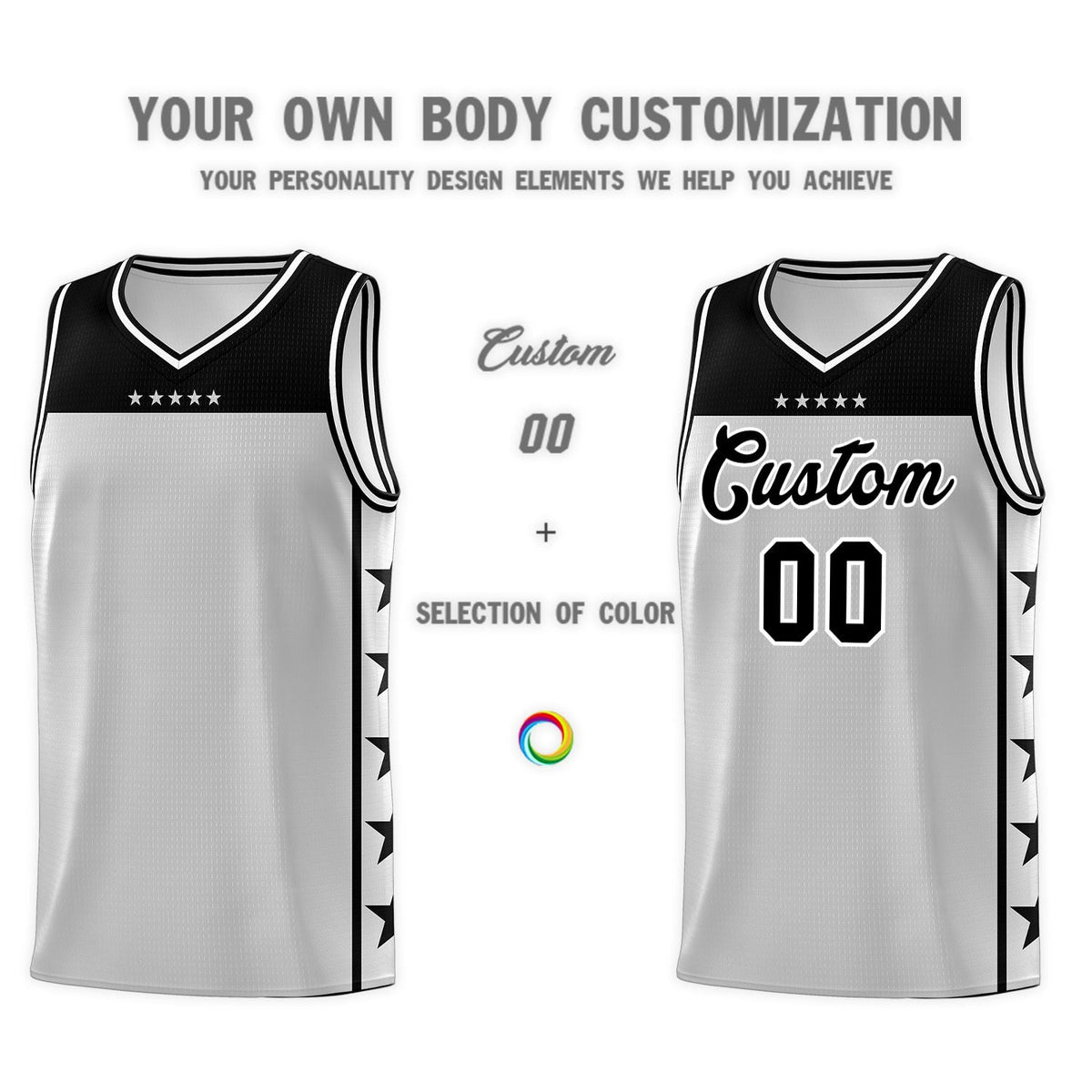 Custom Gray Black Personalized Star Pattern Sports Uniform Basketball Jersey