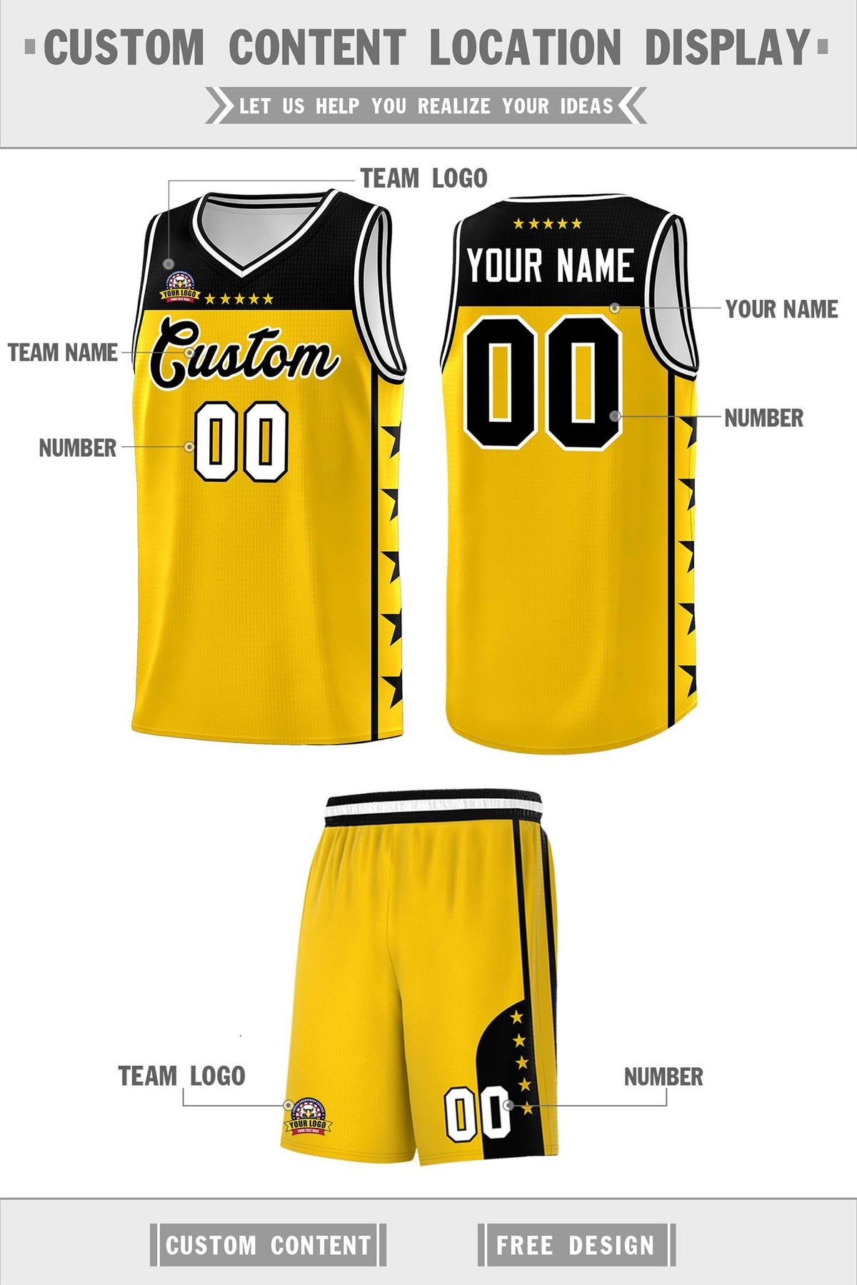 Custom Gold Black Personalized Star Pattern Sports Uniform Basketball Jersey