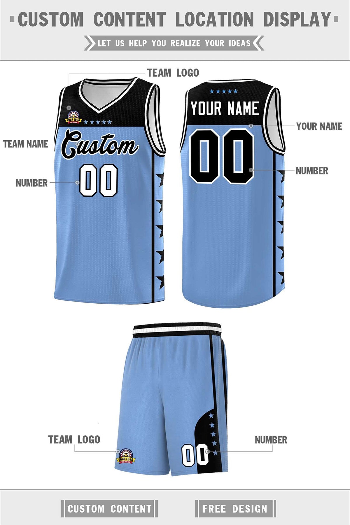 Custom Light Blue Black Personalized Star Pattern Sports Uniform Basketball Jersey