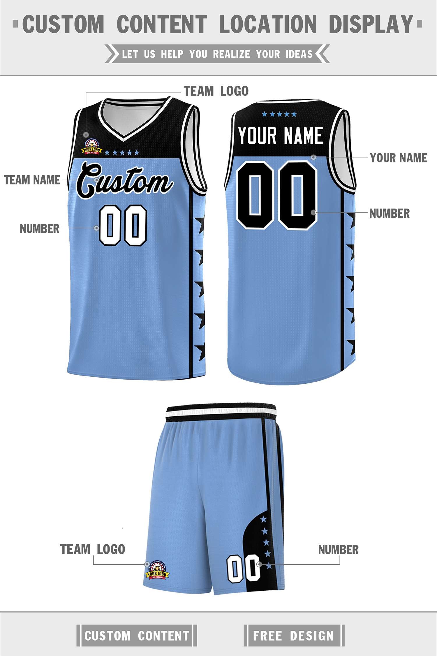 Custom Light Blue Black Personalized Star Pattern Sports Uniform Basketball Jersey