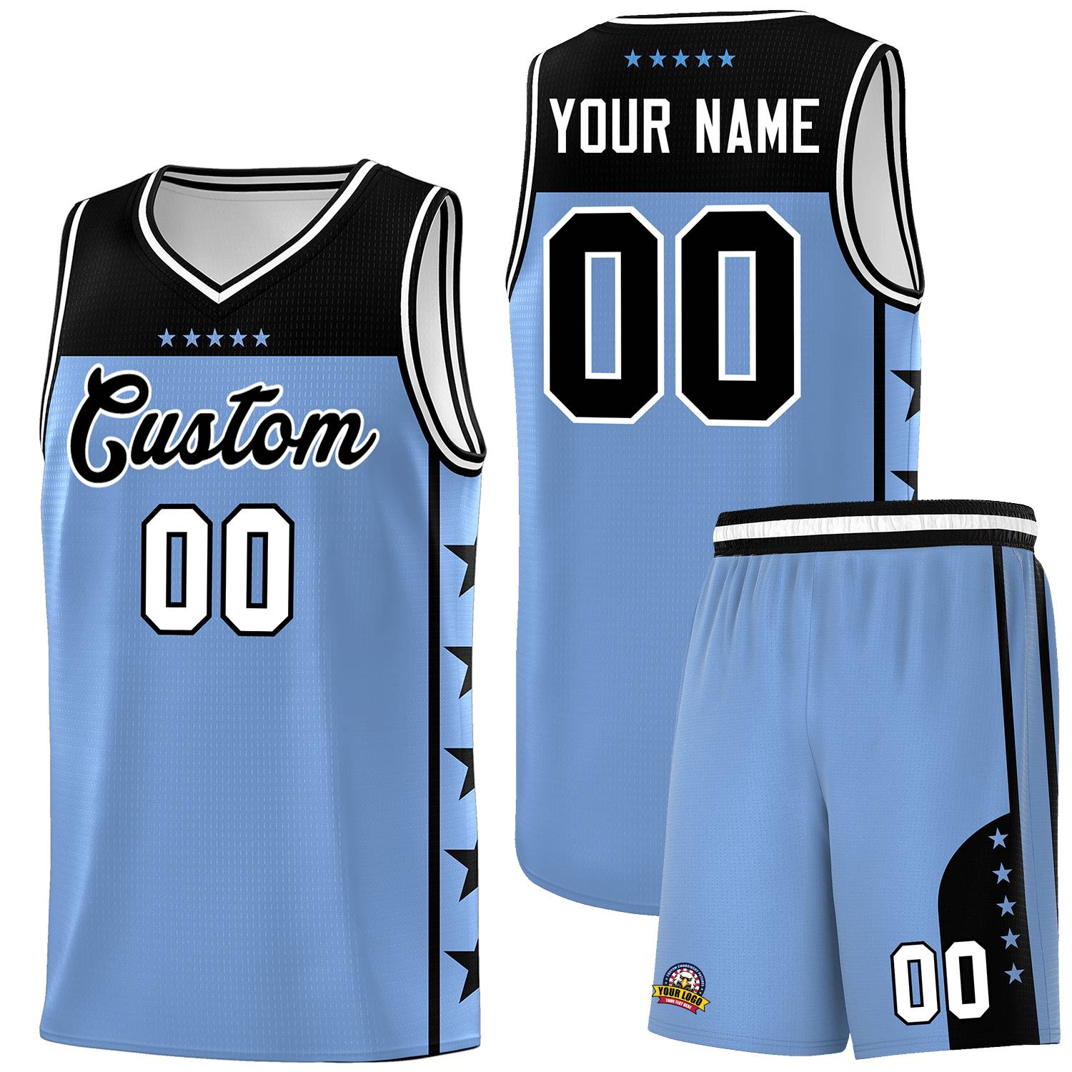 Custom Light Blue Black Personalized Star Pattern Sports Uniform Basketball Jersey