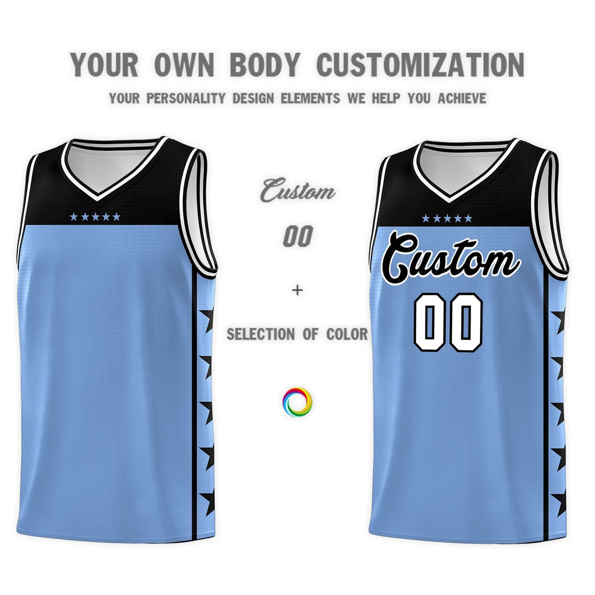 Custom Light Blue Black Personalized Star Pattern Sports Uniform Basketball Jersey