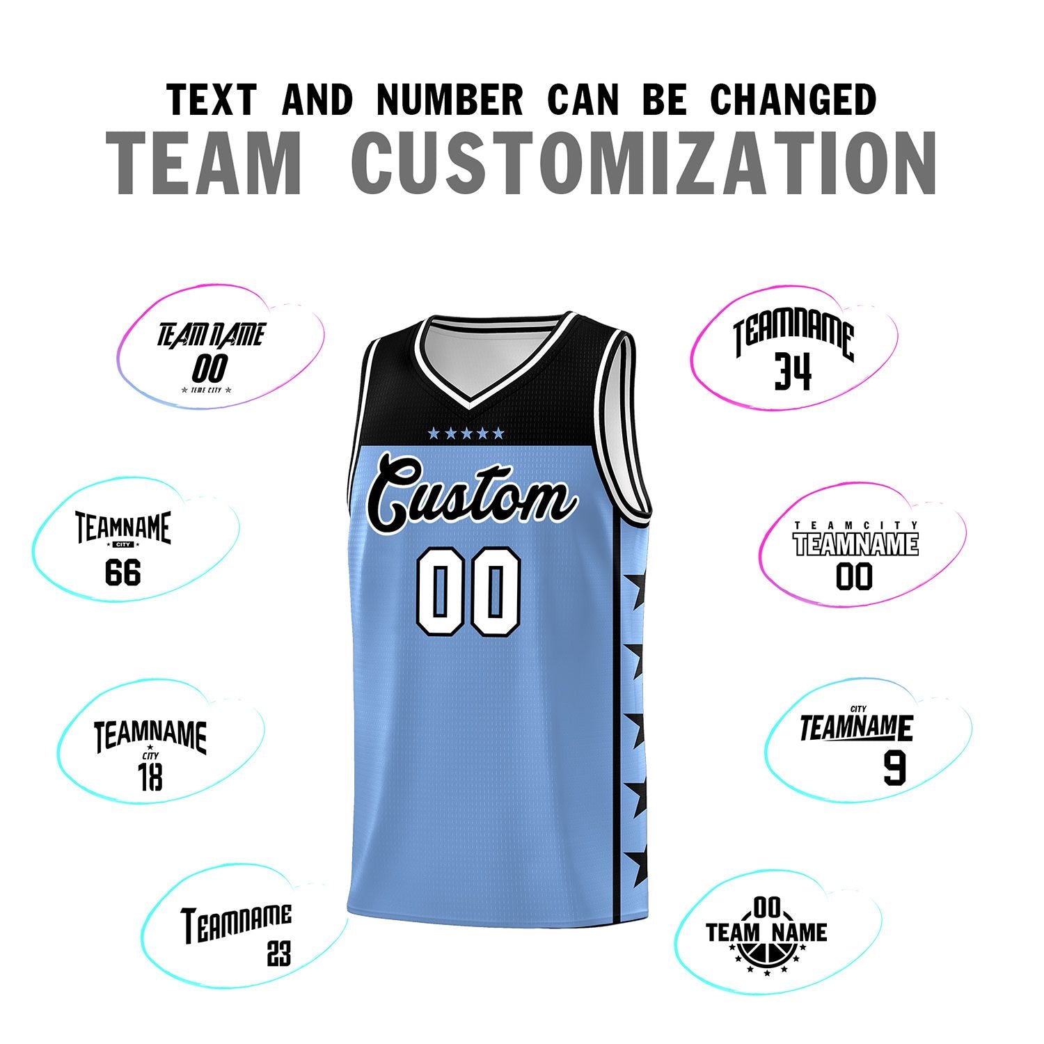 Custom Light Blue Black Personalized Star Pattern Sports Uniform Basketball Jersey