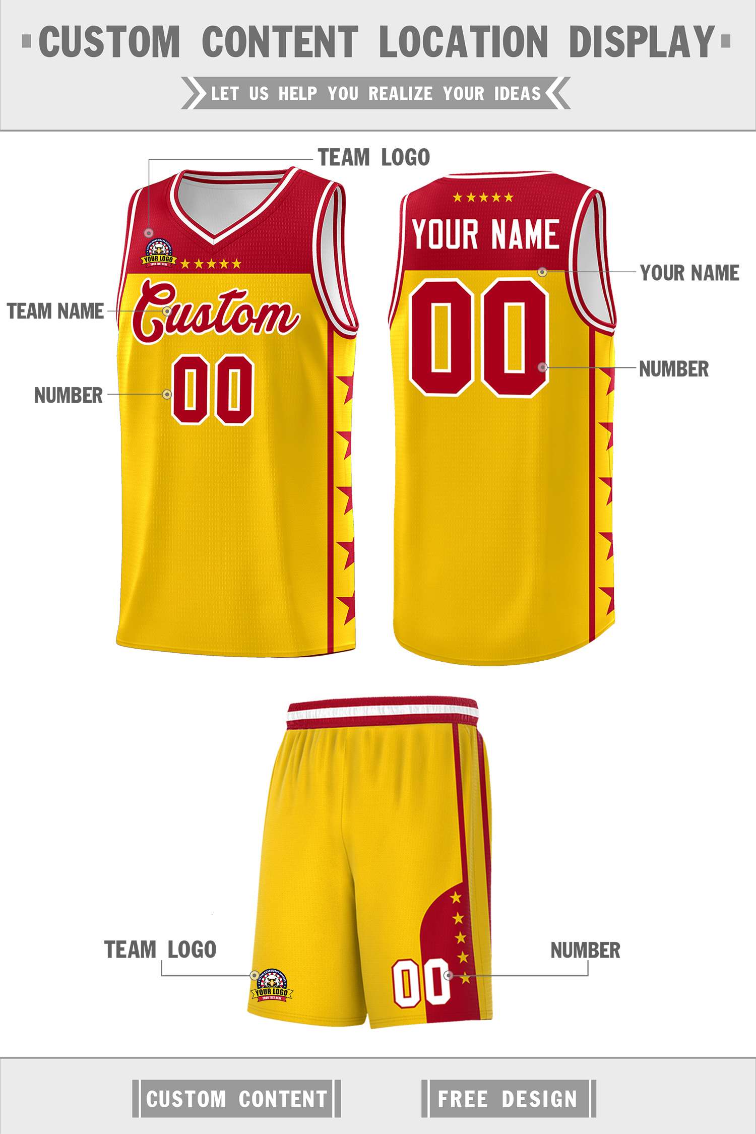 Custom Gold Red Personalized Star Pattern Sports Uniform Basketball Jersey