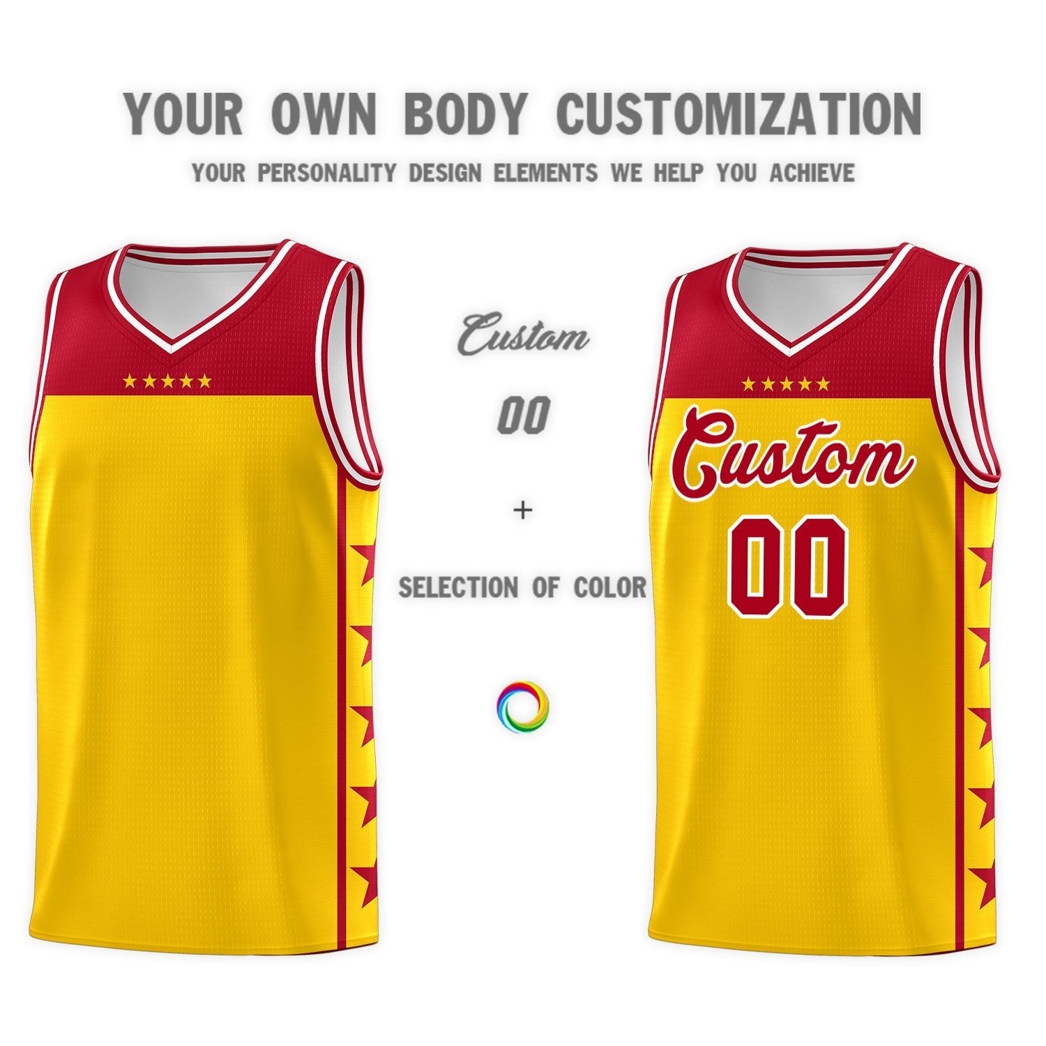 Custom Gold Red Personalized Star Pattern Sports Uniform Basketball Jersey