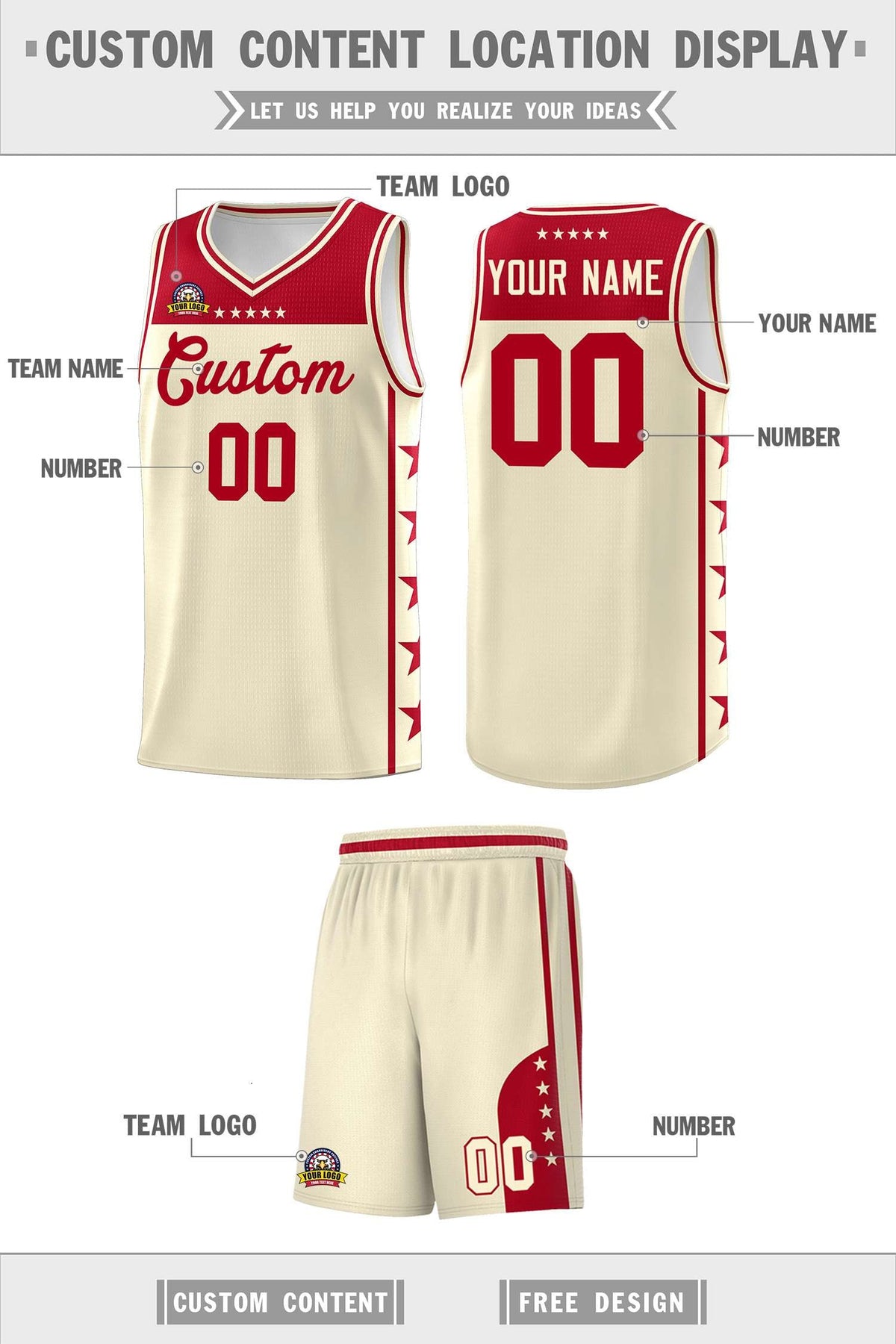 Custom Cream Red Personalized Star Pattern Sports Uniform Basketball Jersey
