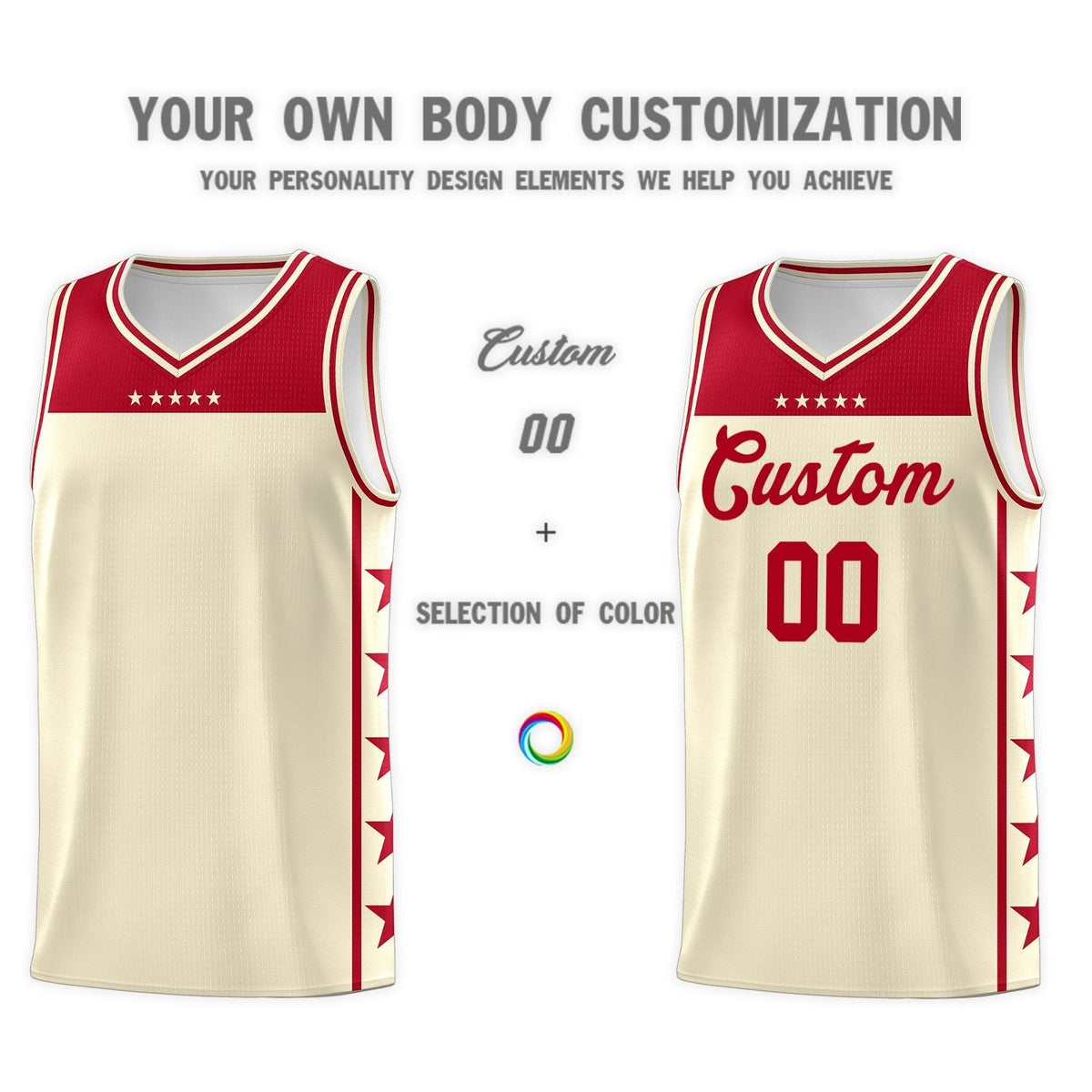 Custom Cream Red Personalized Star Pattern Sports Uniform Basketball Jersey