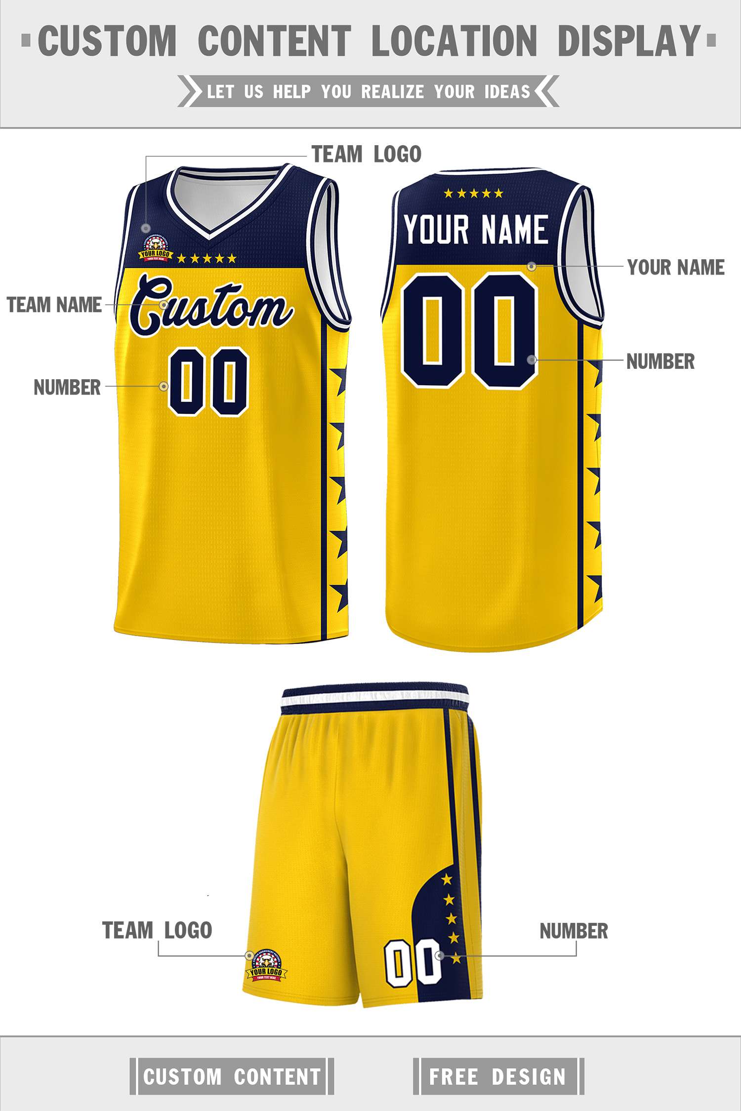 Custom Gold Navy Personalized Star Pattern Sports Uniform Basketball Jersey