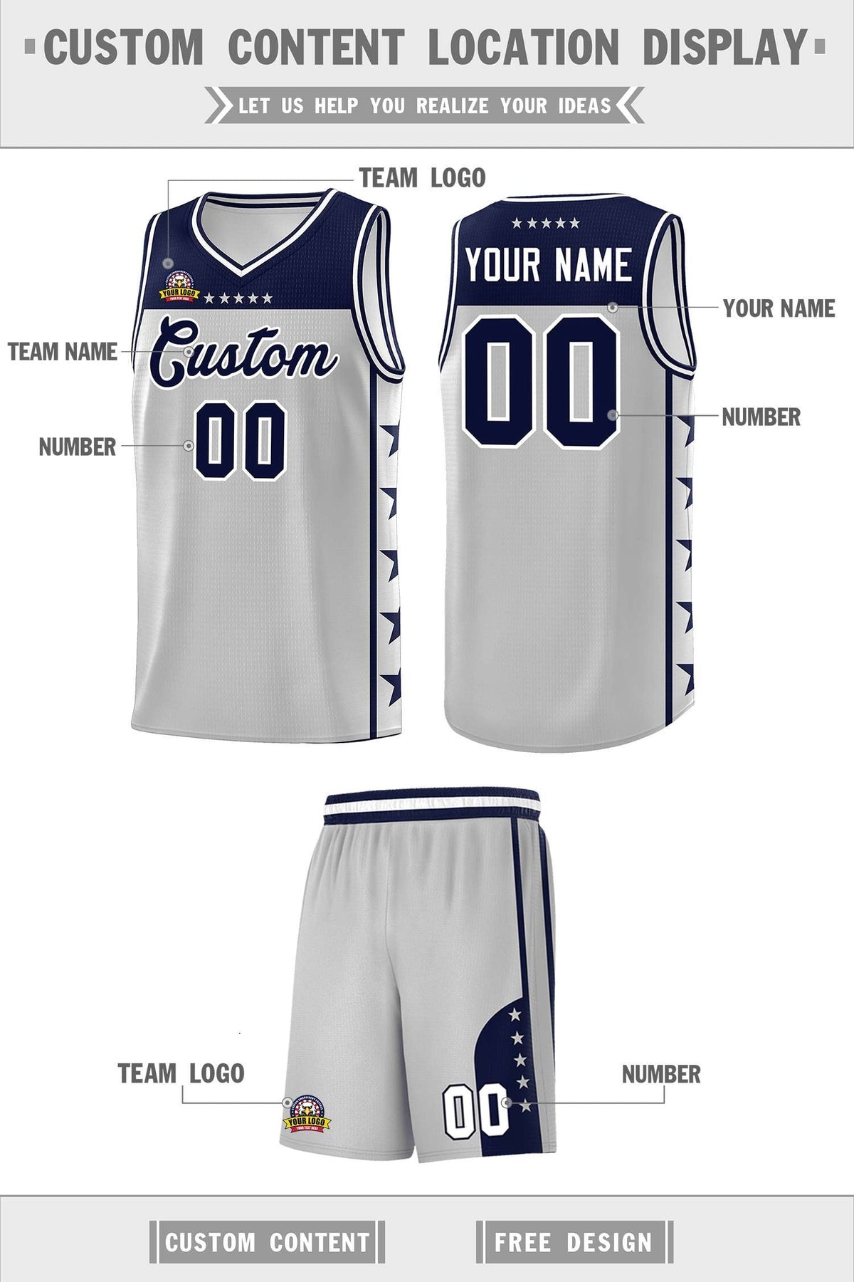 Custom Gray Navy Personalized Star Pattern Sports Uniform Basketball Jersey