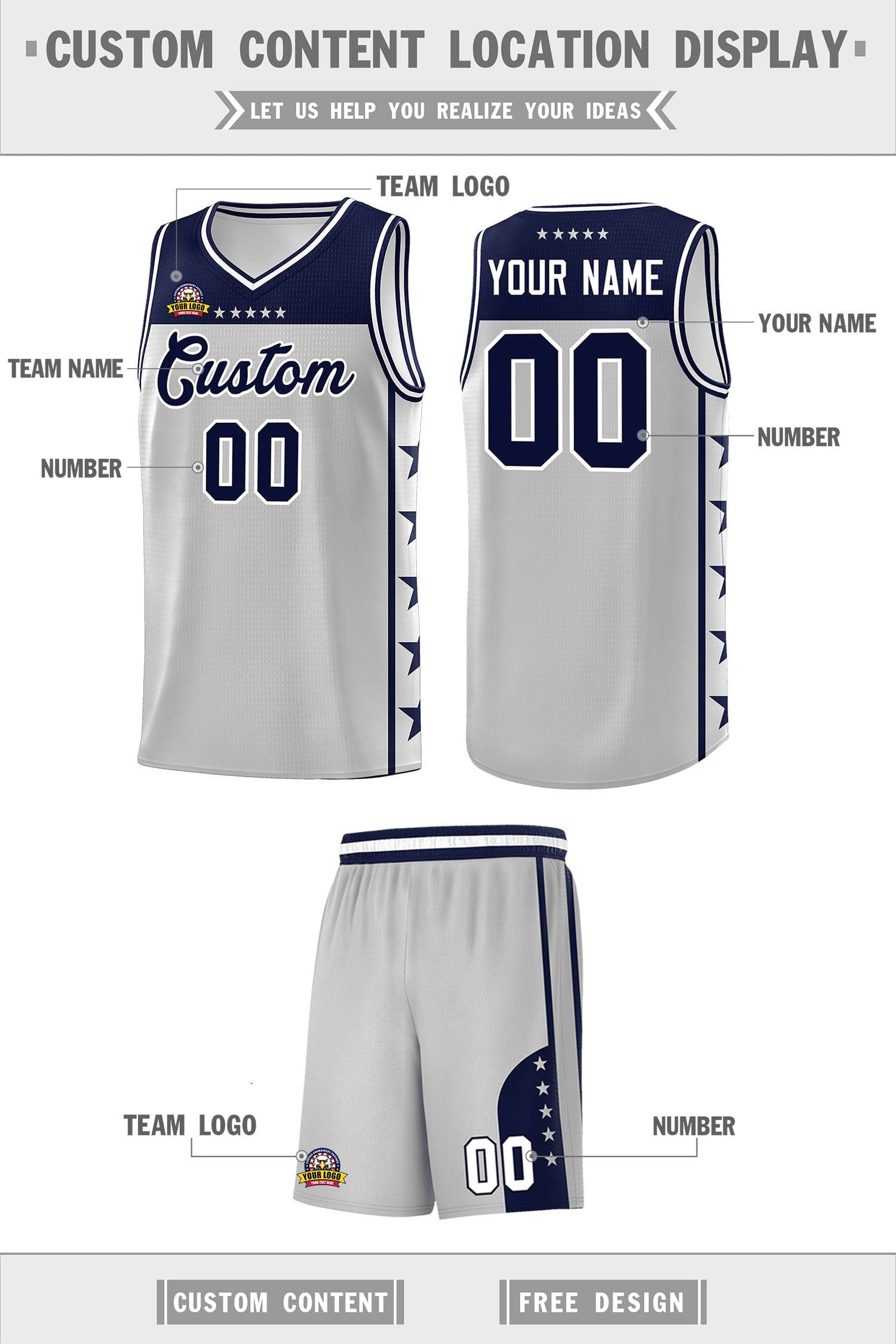 Custom Gray Navy Personalized Star Pattern Sports Uniform Basketball Jersey