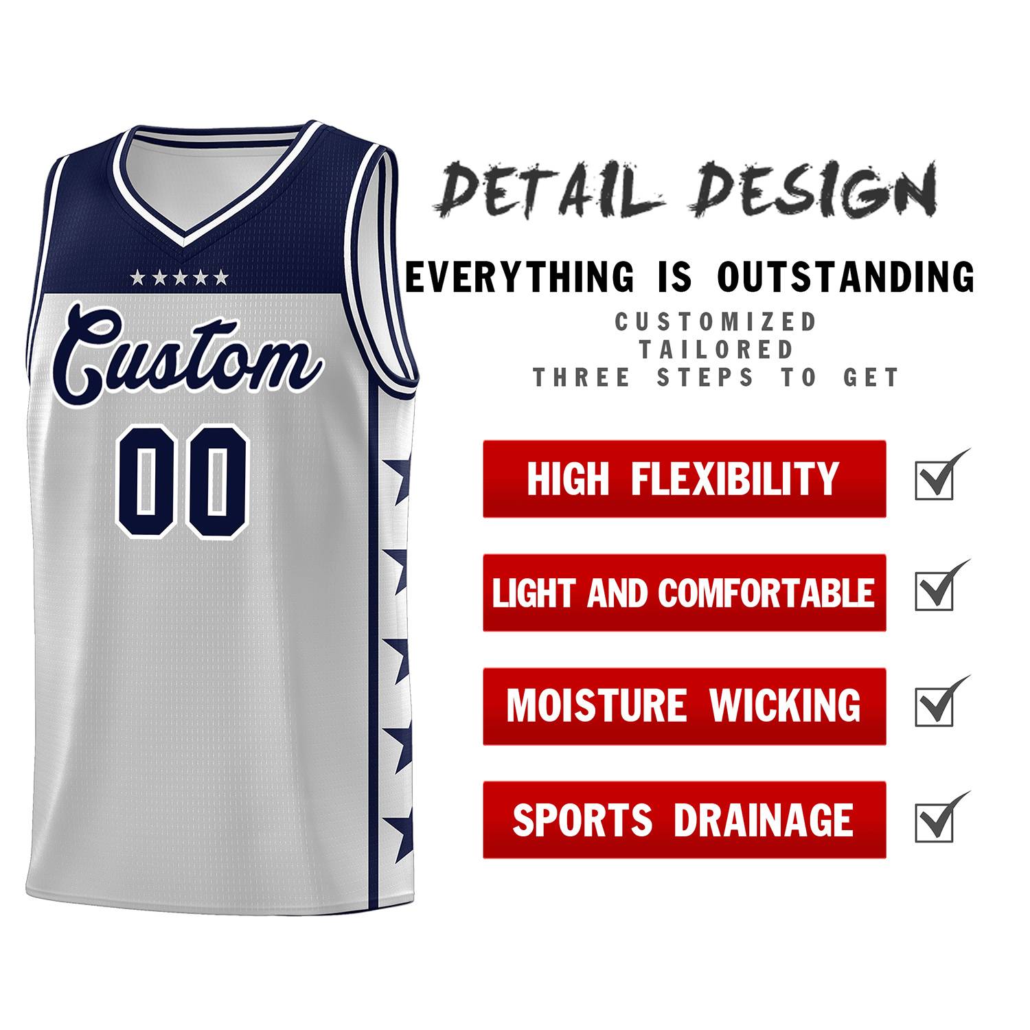 Custom Gray Navy Personalized Star Pattern Sports Uniform Basketball Jersey