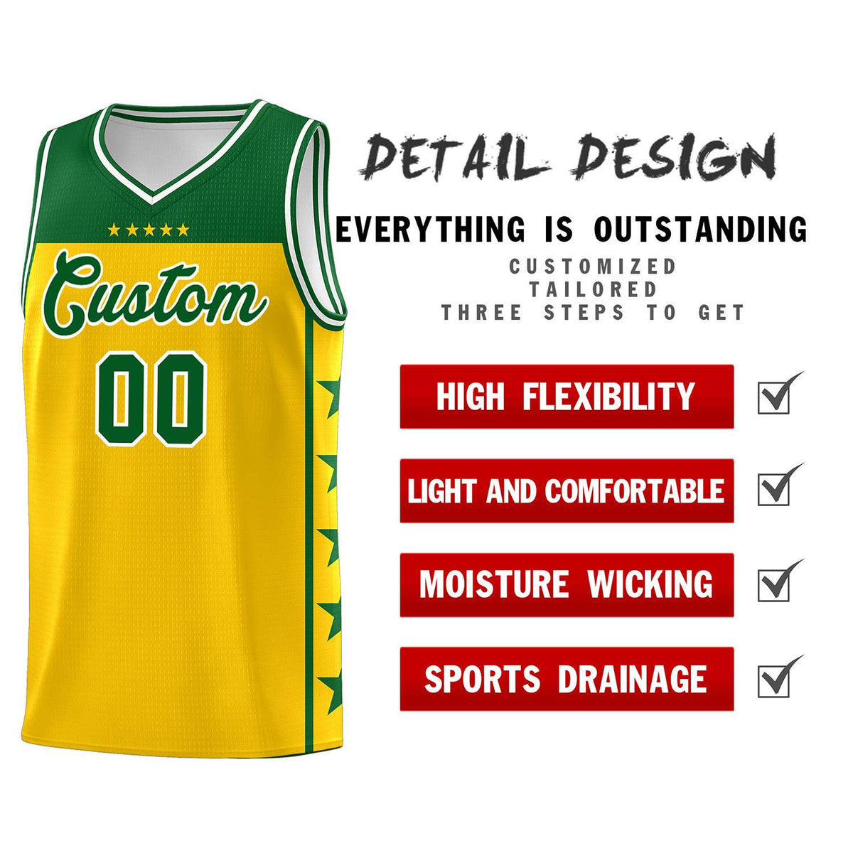 Custom Gold Kelly Green Personalized Star Pattern Sports Uniform Basketball Jersey