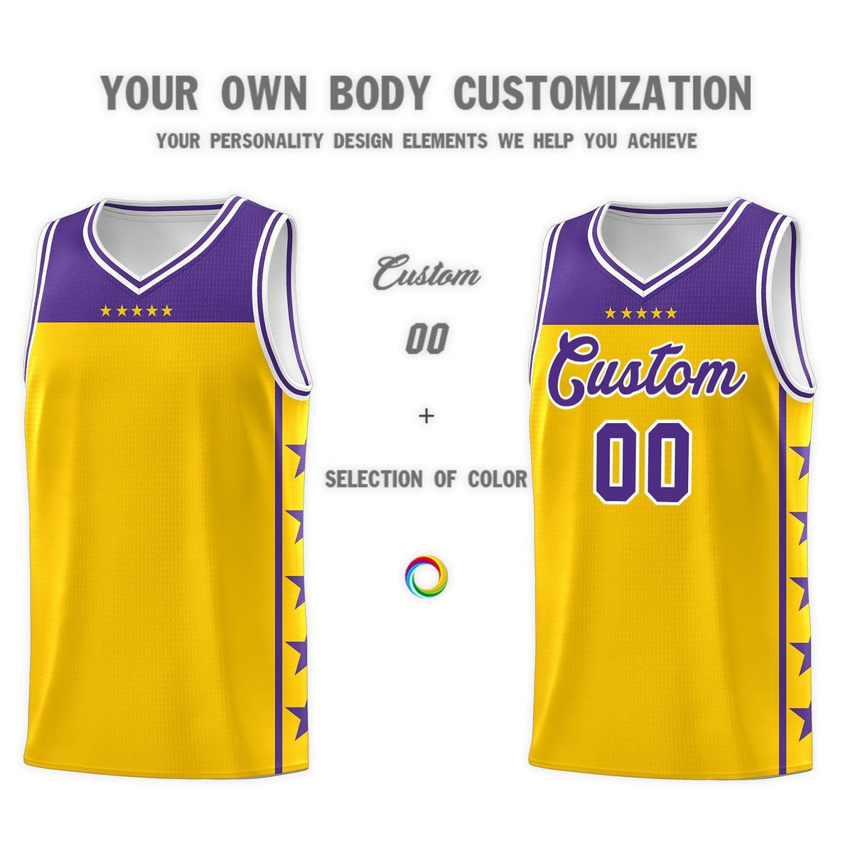 Custom Gold Purple Personalized Star Pattern Sports Uniform Basketball Jersey