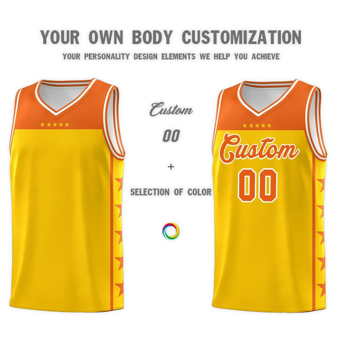 Custom Gold Orange Personalized Star Pattern Sports Uniform Basketball Jersey