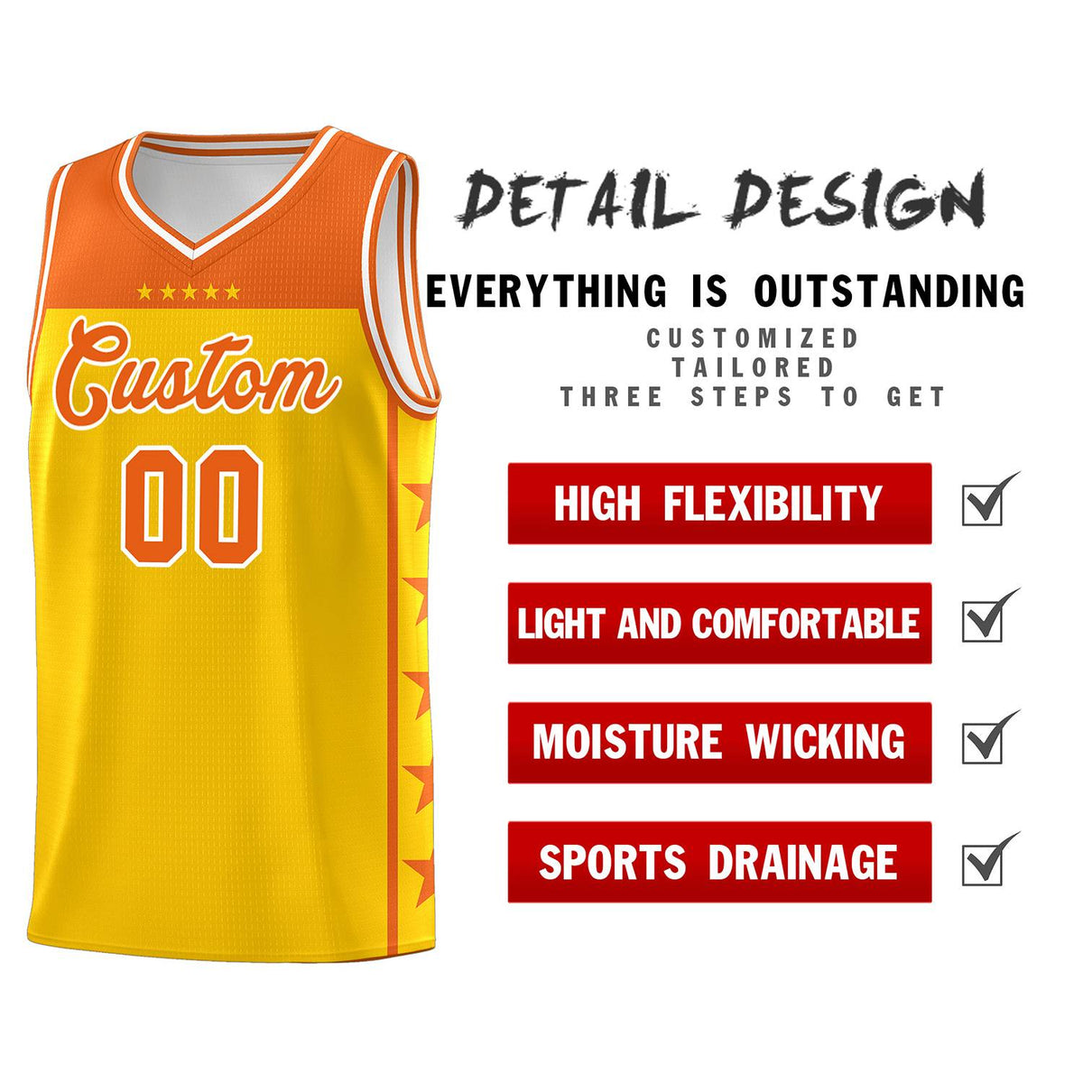 Custom Gold Orange Personalized Star Pattern Sports Uniform Basketball Jersey