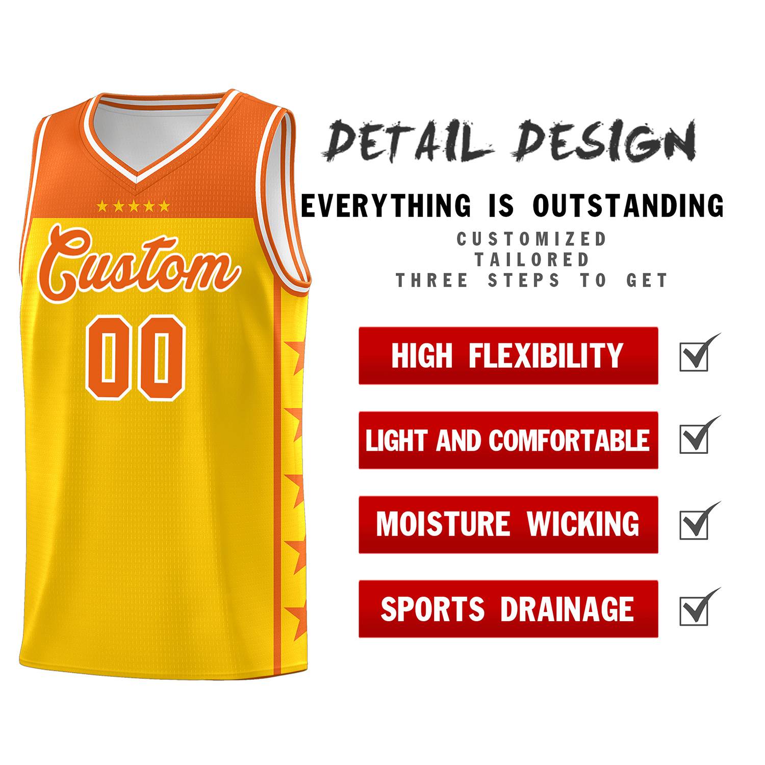 Custom Gold Orange Personalized Star Pattern Sports Uniform Basketball Jersey