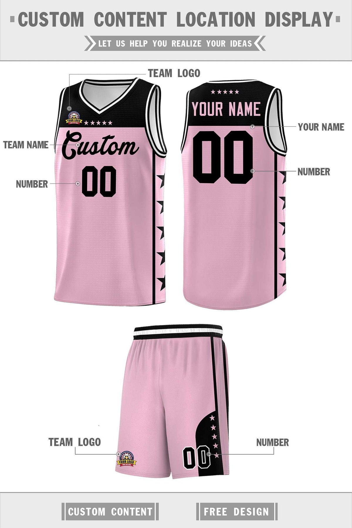 Custom Light Pink Black Personalized Star Pattern Sports Uniform Basketball Jersey