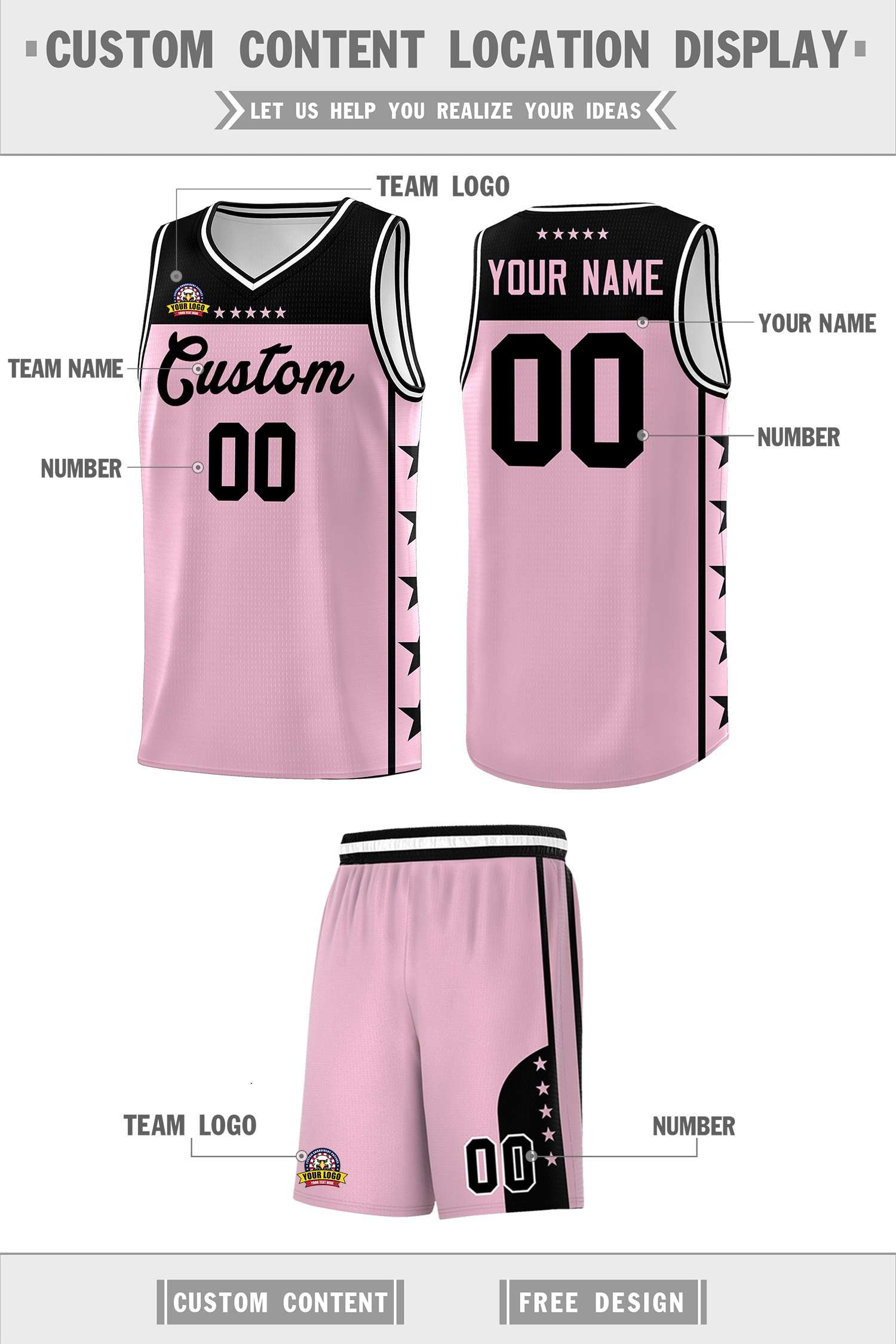 Custom Light Pink Black Personalized Star Pattern Sports Uniform Basketball Jersey