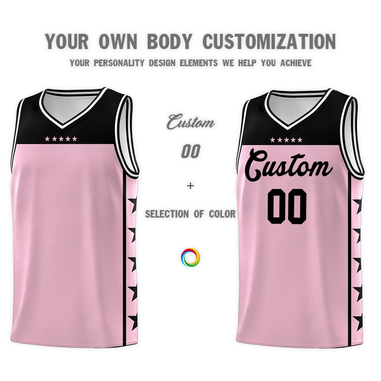 Custom Light Pink Black Personalized Star Pattern Sports Uniform Basketball Jersey