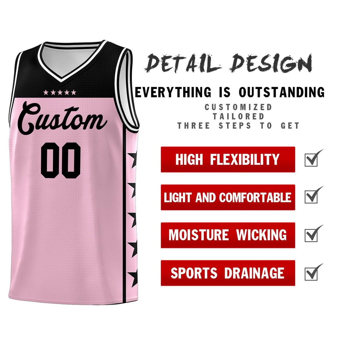 Custom Light Pink Black Personalized Star Pattern Sports Uniform Basketball Jersey
