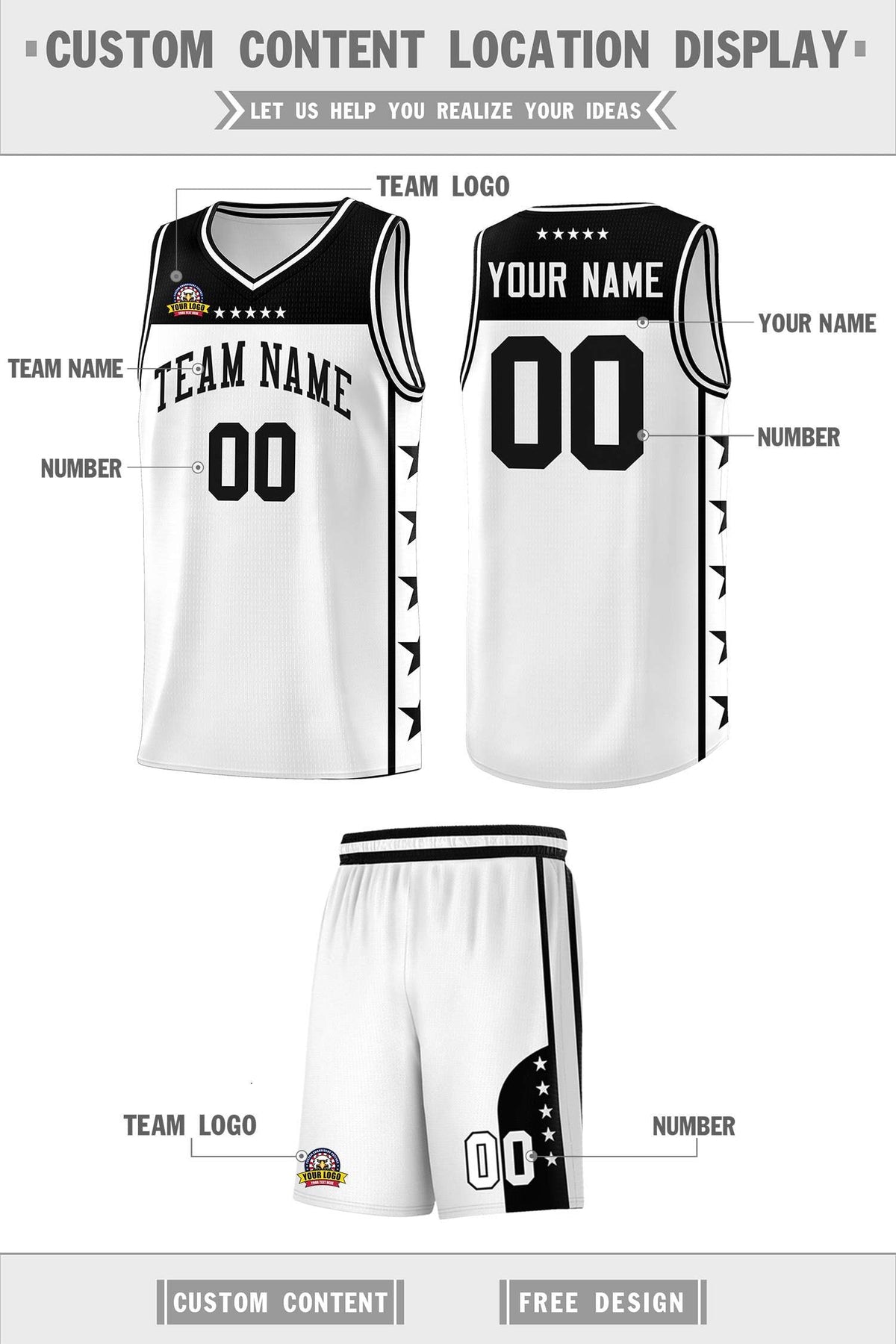 Custom White Black Personalized Star Pattern Sports Uniform Basketball Jersey