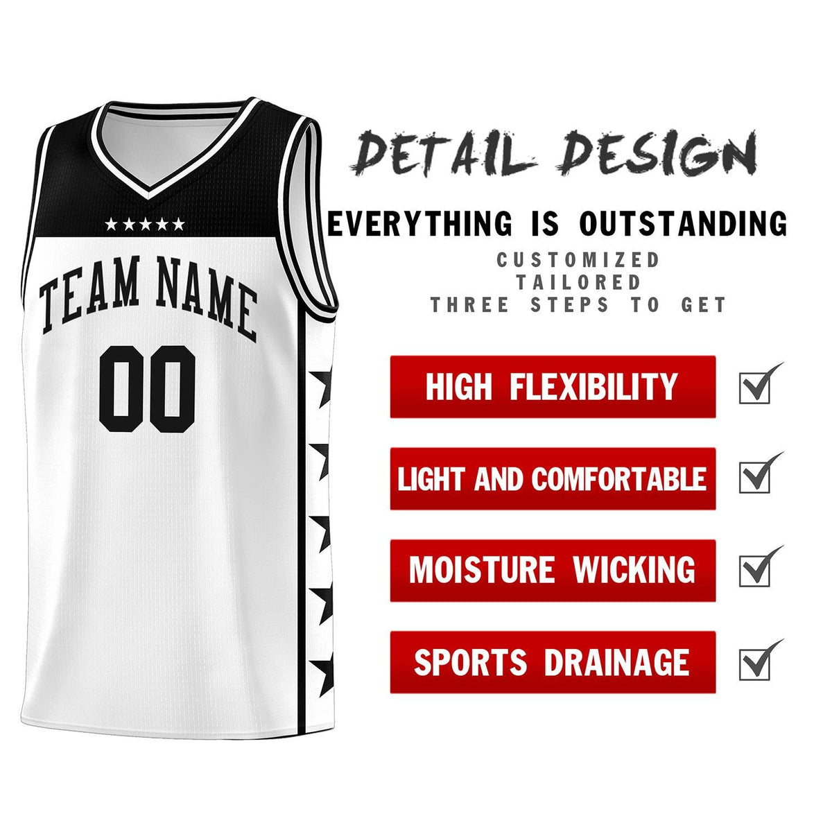 Custom White Black Personalized Star Pattern Sports Uniform Basketball Jersey