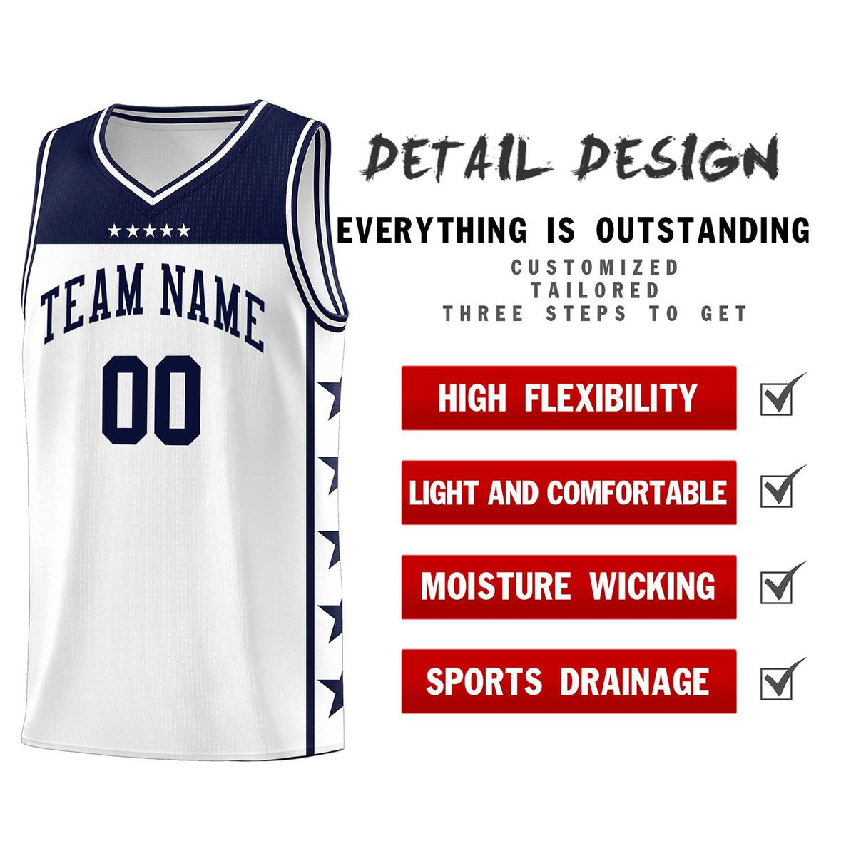 Custom White Navy Personalized Star Pattern Sports Uniform Basketball Jersey