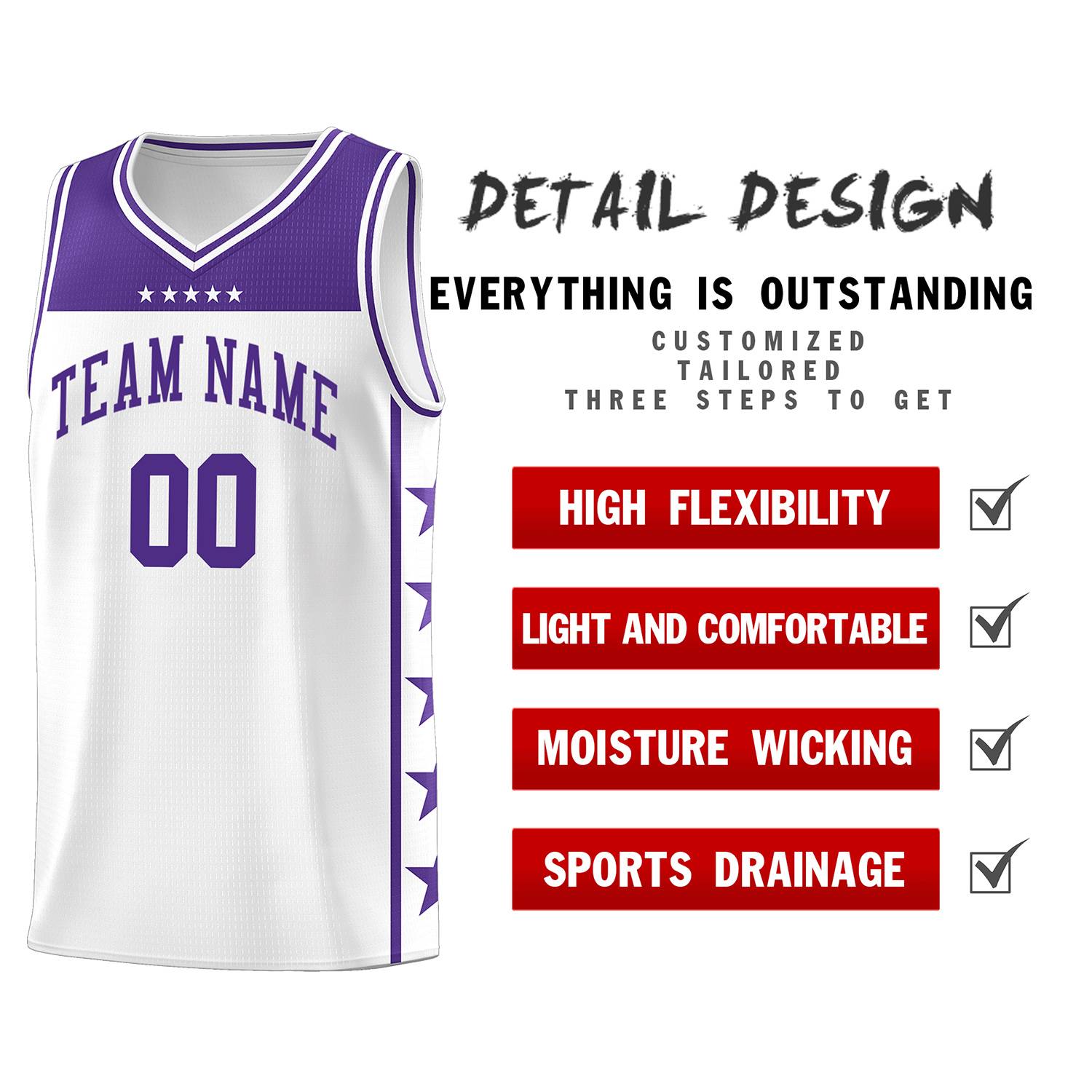Custom White Purple Personalized Star Pattern Sports Uniform Basketball Jersey
