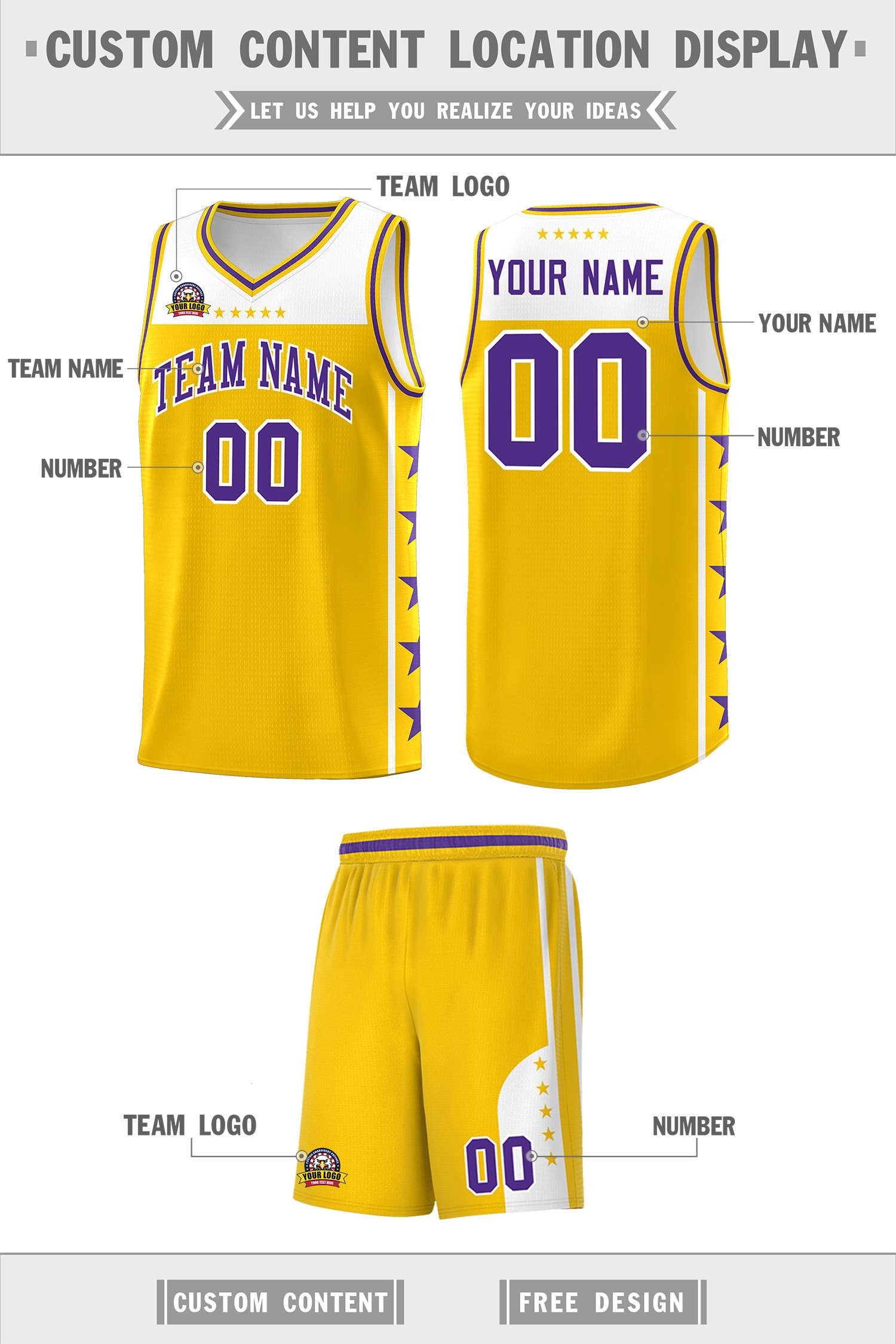 Custom Gold Purple Personalized Star Pattern Sports Uniform Basketball Jersey