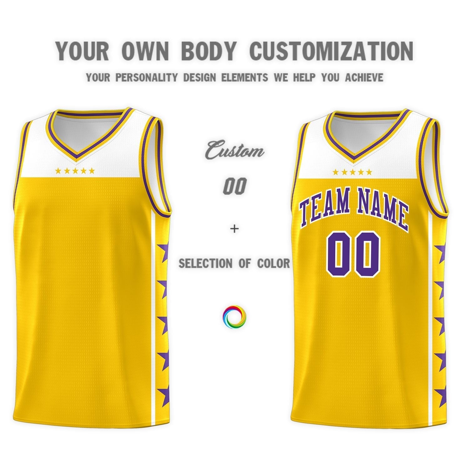 Custom Gold Purple Personalized Star Pattern Sports Uniform Basketball Jersey