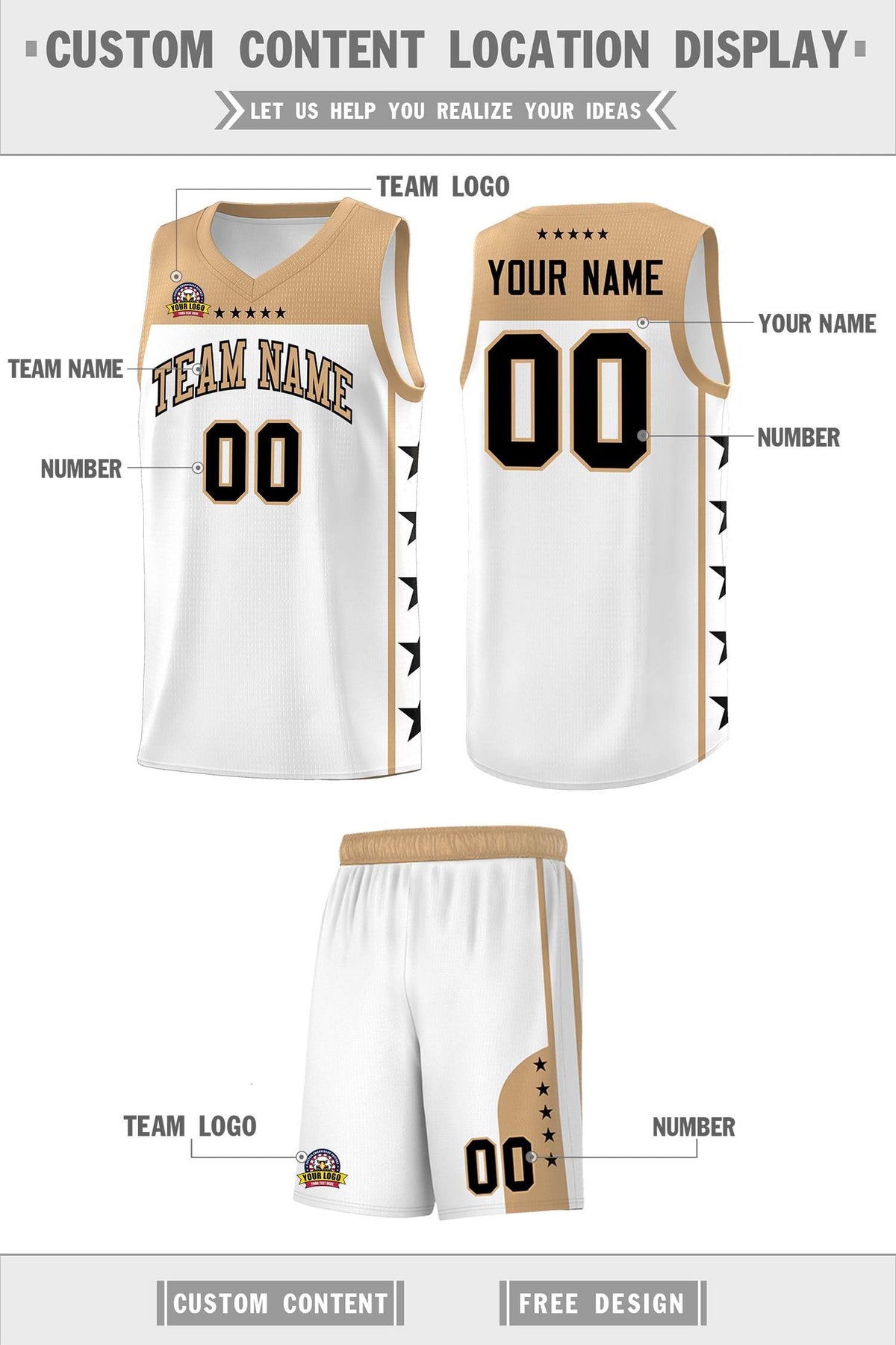 Custom White Old Gold Personalized Star Pattern Sports Uniform Basketball Jersey