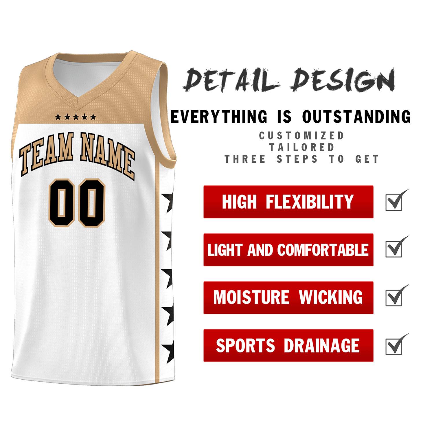 Custom White Old Gold Personalized Star Pattern Sports Uniform Basketball Jersey