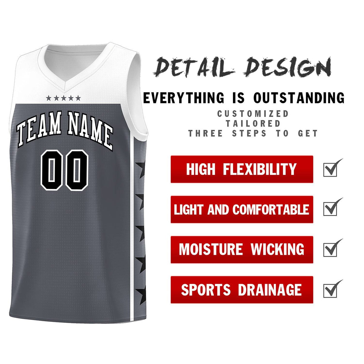 Custom Dark Gray White Personalized Star Pattern Sports Uniform Basketball Jersey