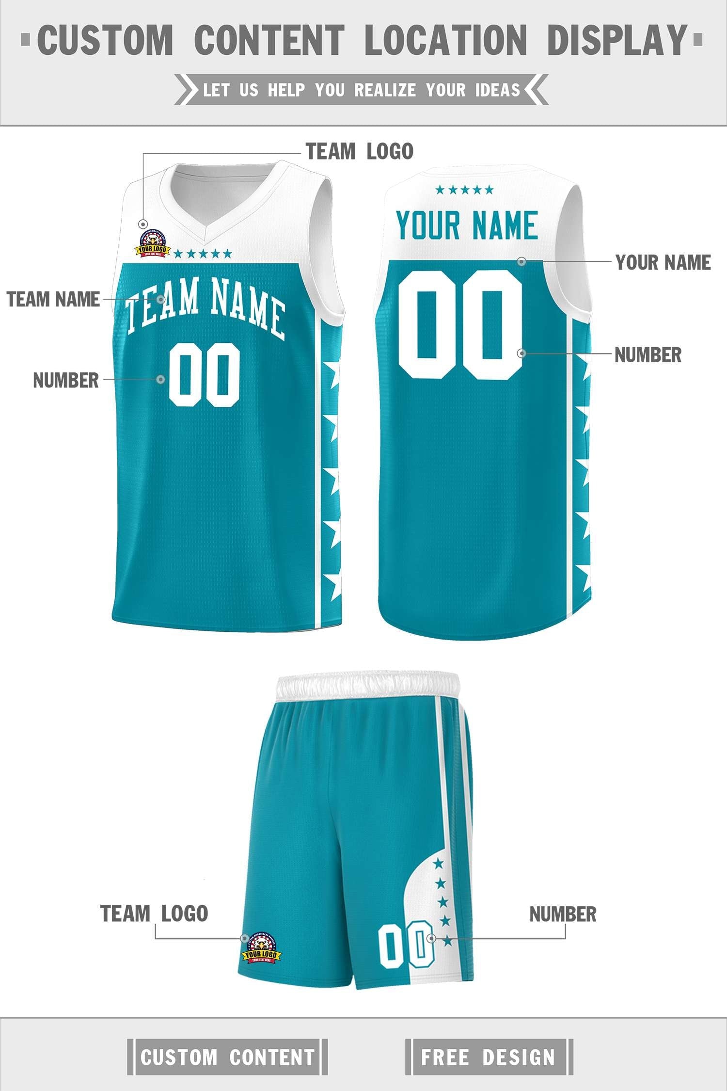 Custom Aqua White Personalized Star Pattern Sports Uniform Basketball Jersey