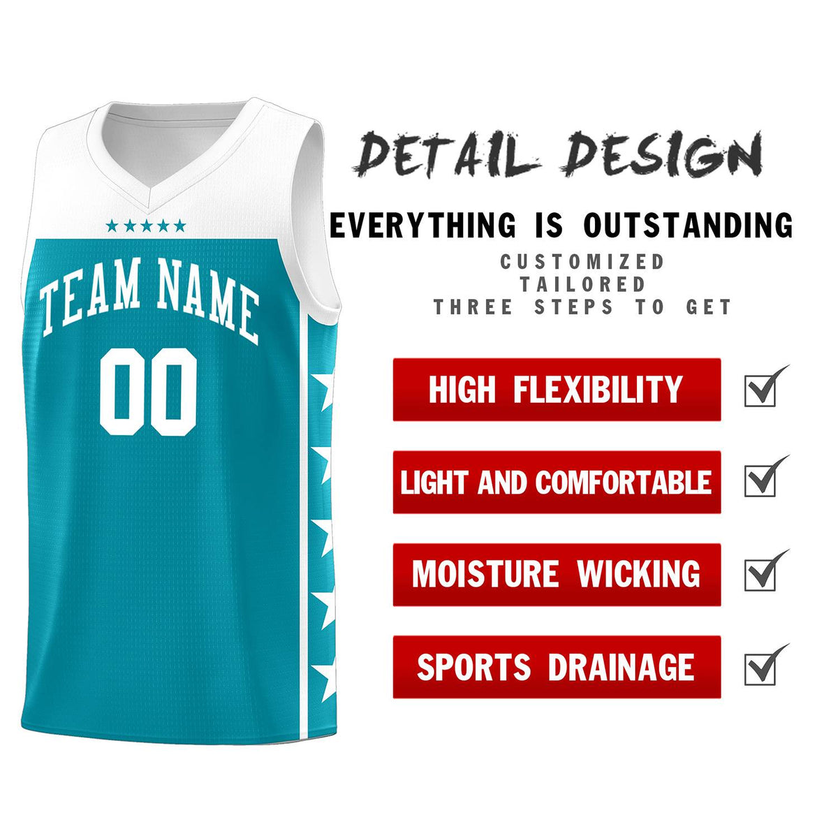 Custom Aqua White Personalized Star Pattern Sports Uniform Basketball Jersey