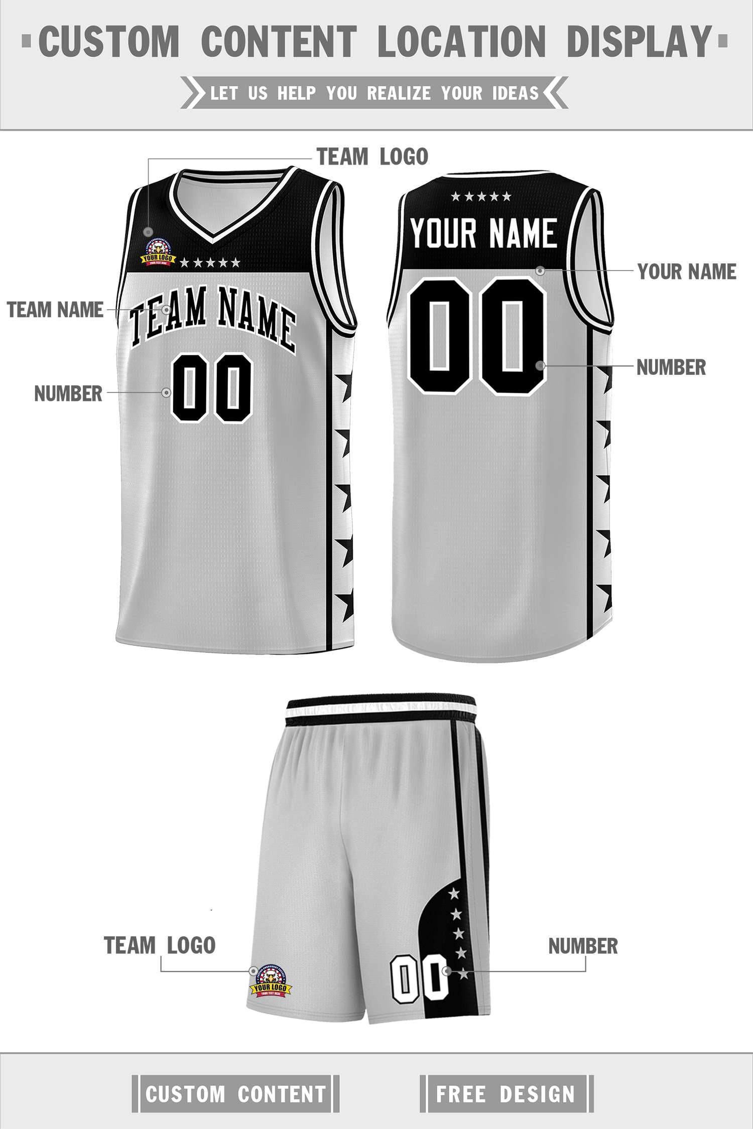 Custom Gray Black Personalized Star Pattern Sports Uniform Basketball Jersey