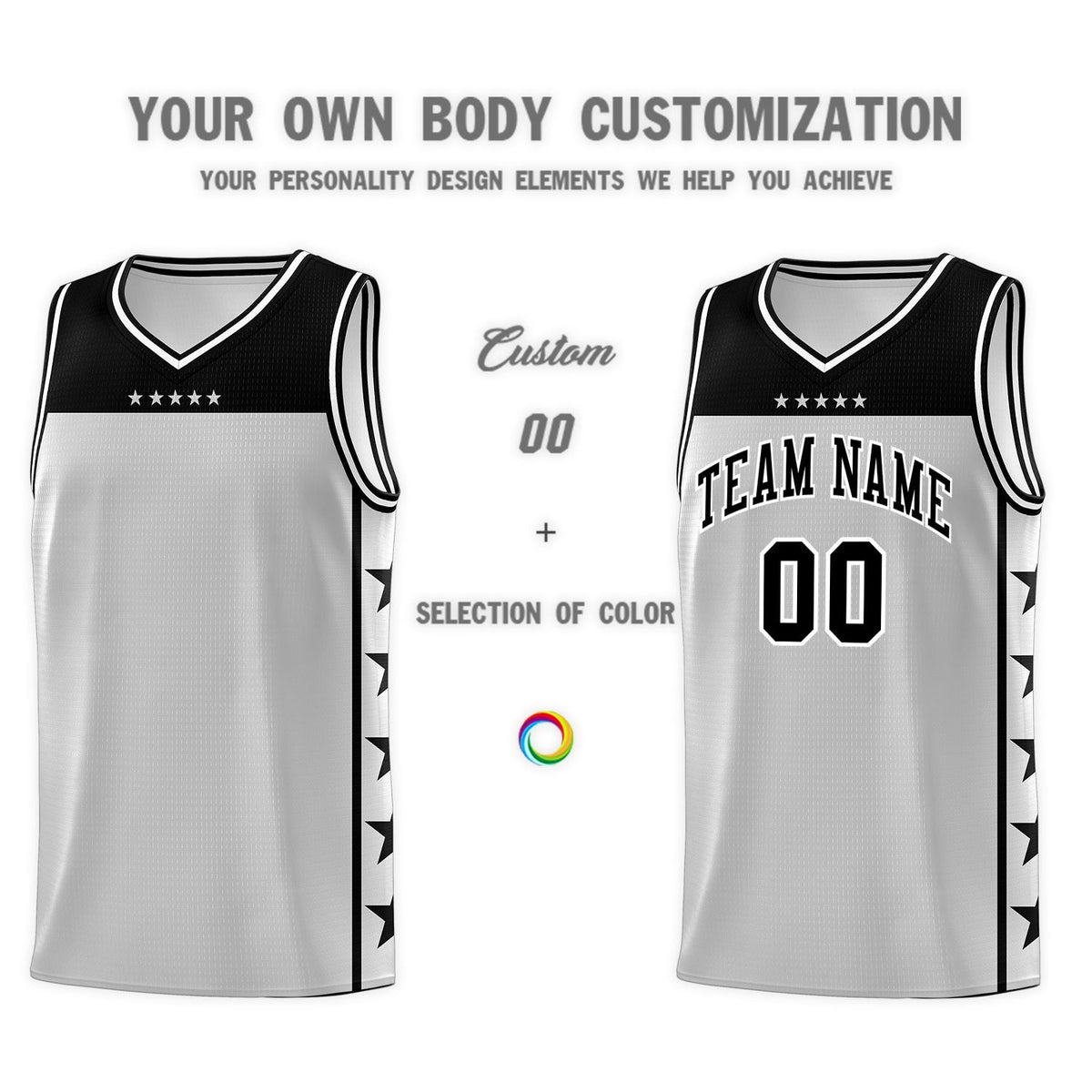 Custom Gray Black Personalized Star Pattern Sports Uniform Basketball Jersey