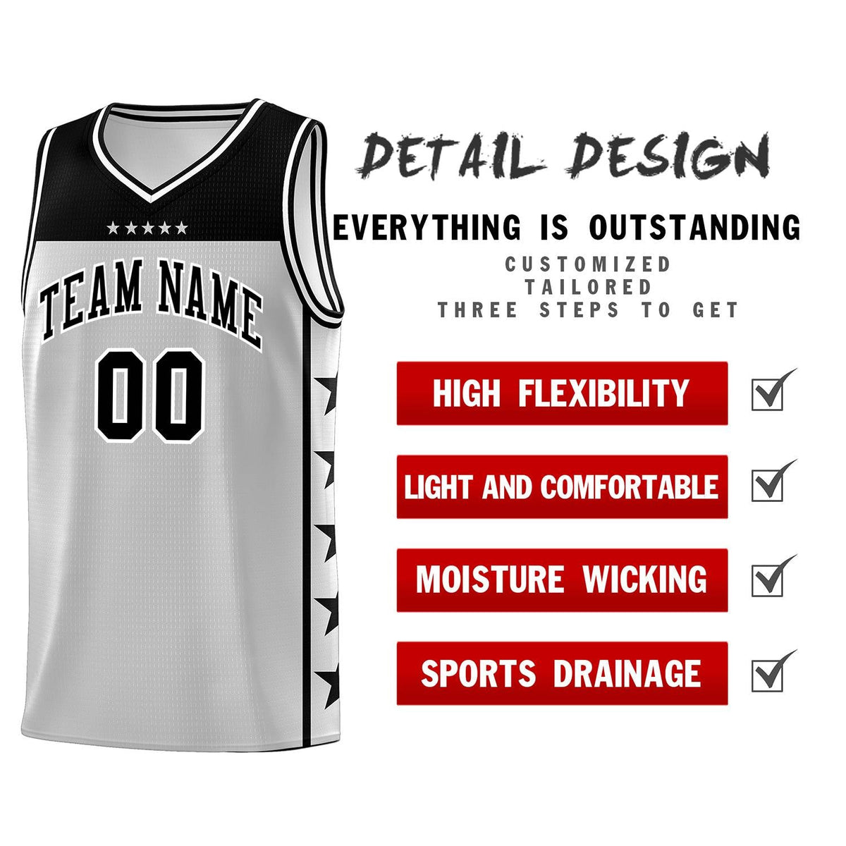 Custom Gray Black Personalized Star Pattern Sports Uniform Basketball Jersey