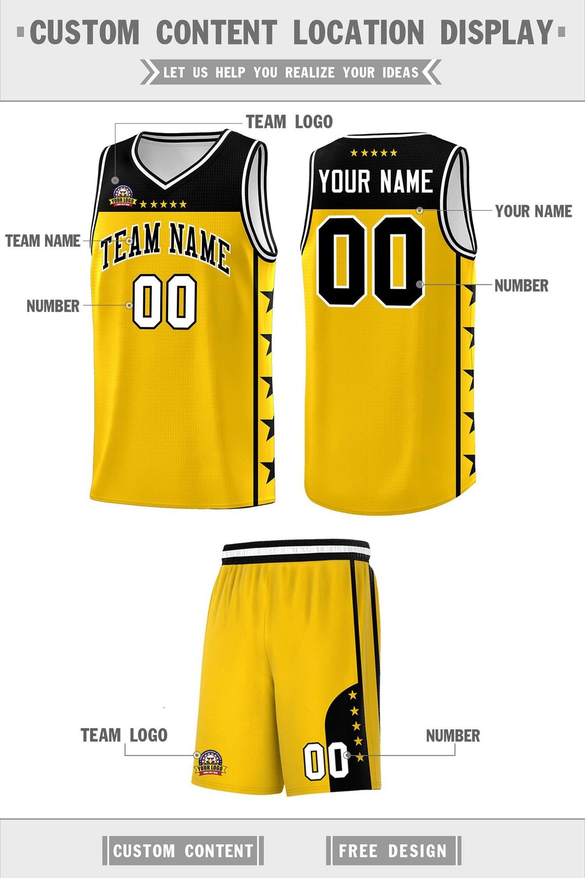 Custom Gold Black Personalized Star Pattern Sports Uniform Basketball Jersey