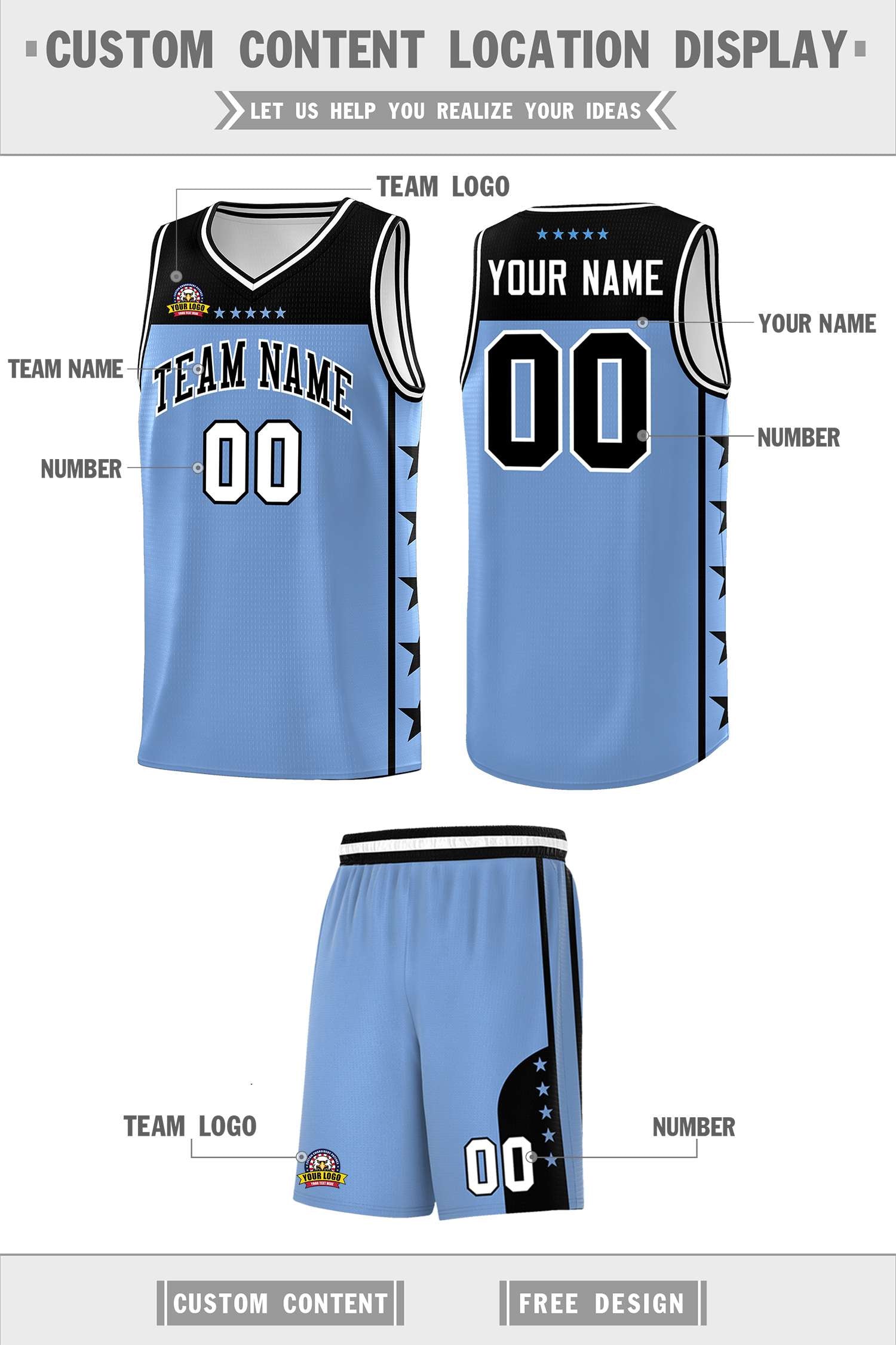 Custom Light Blue Black Personalized Star Pattern Sports Uniform Basketball Jersey