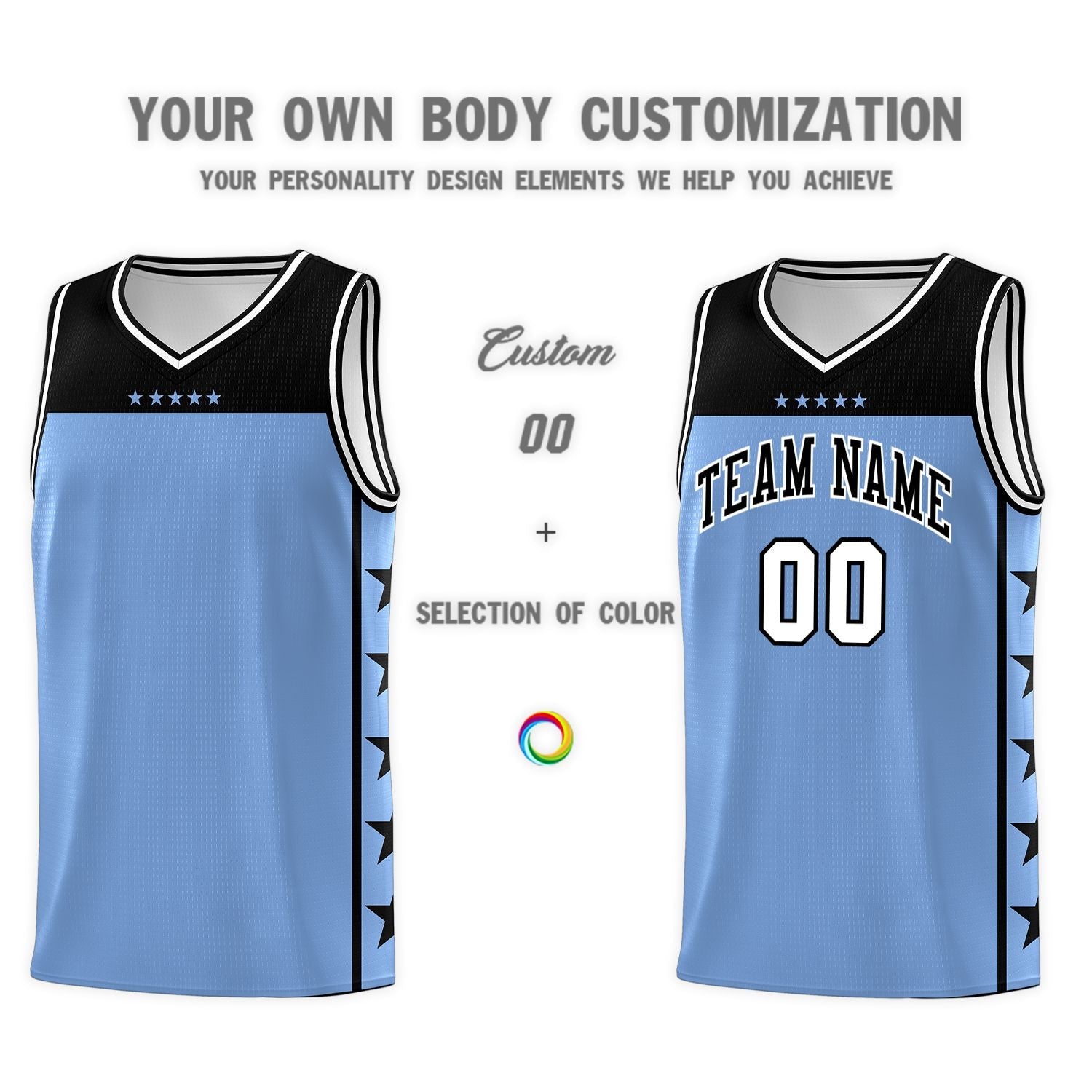 Custom Light Blue Black Personalized Star Pattern Sports Uniform Basketball Jersey