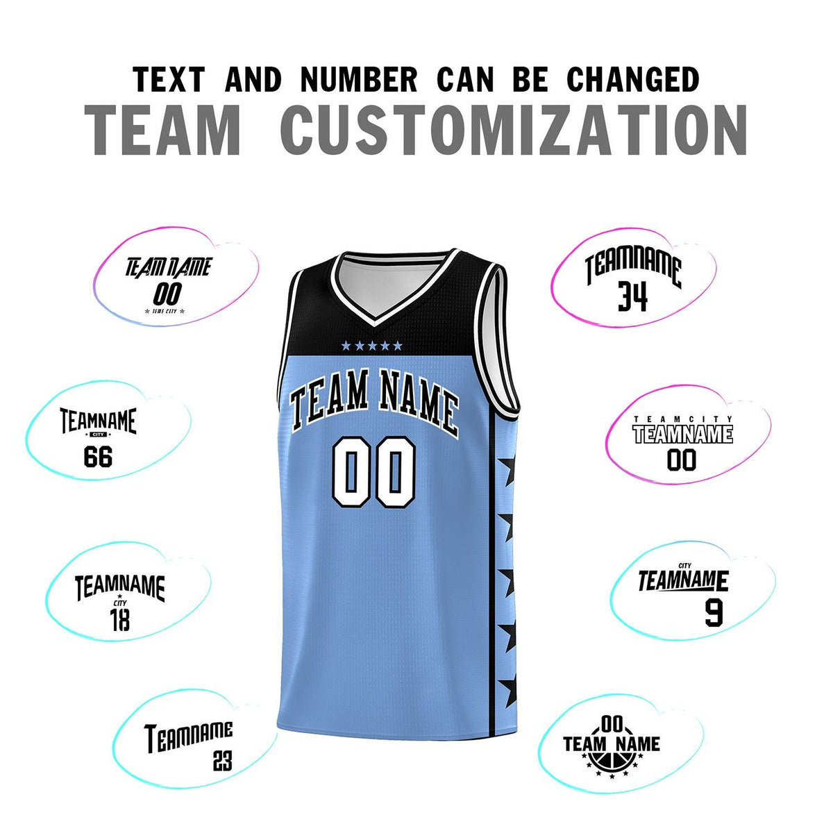 Custom Light Blue Black Personalized Star Pattern Sports Uniform Basketball Jersey