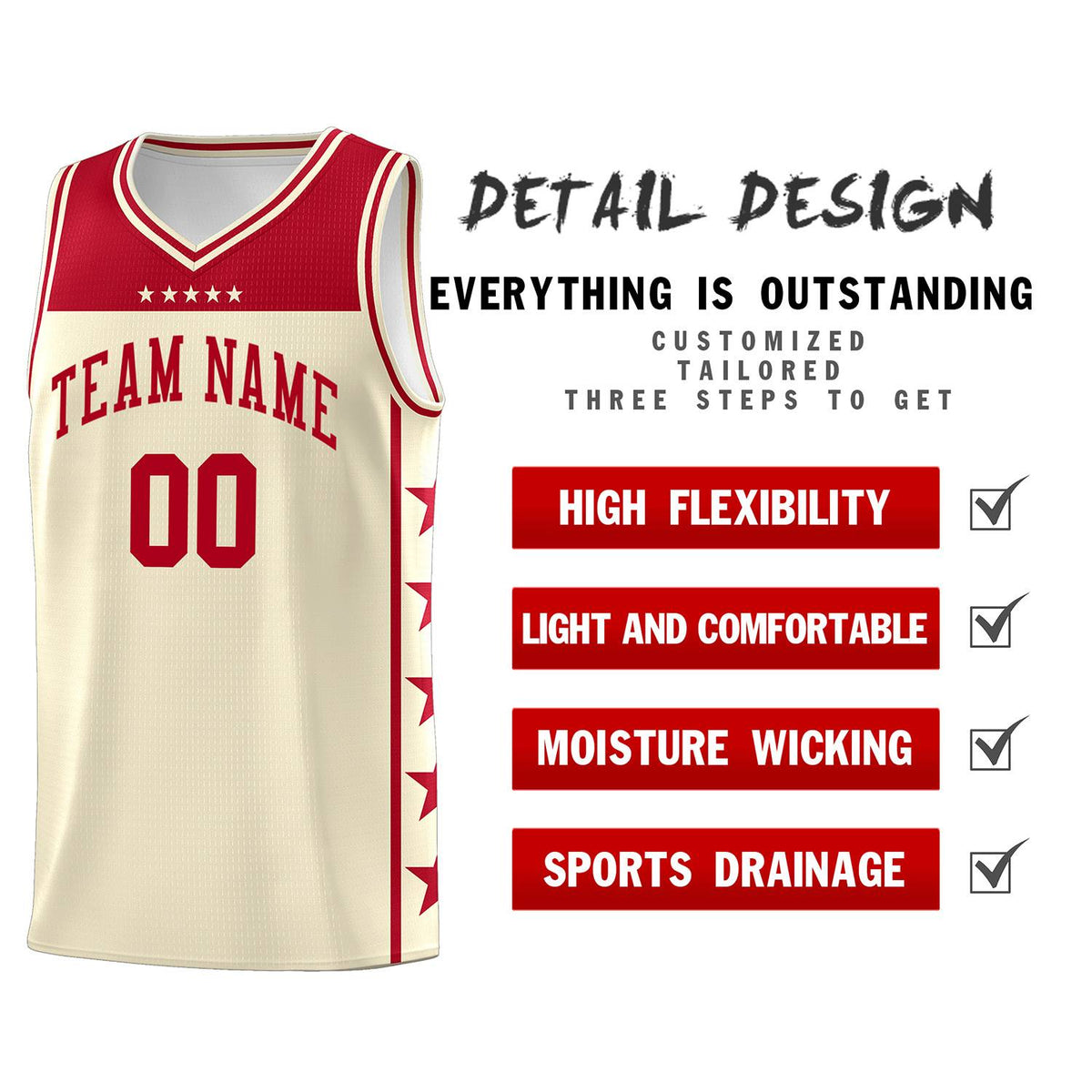 Custom Cream Red Personalized Star Pattern Sports Uniform Basketball Jersey