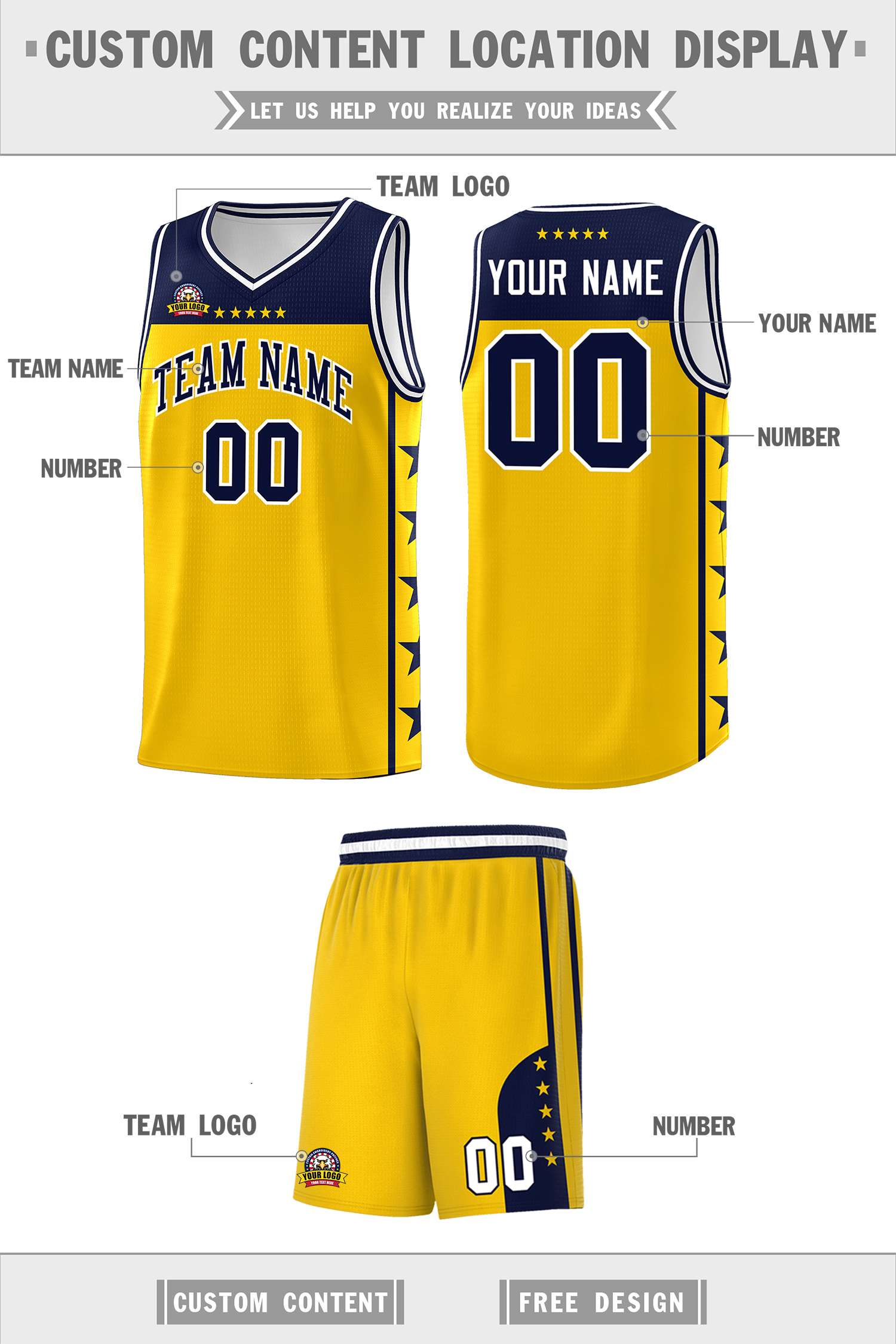 Custom Gold Navy Personalized Star Pattern Sports Uniform Basketball Jersey