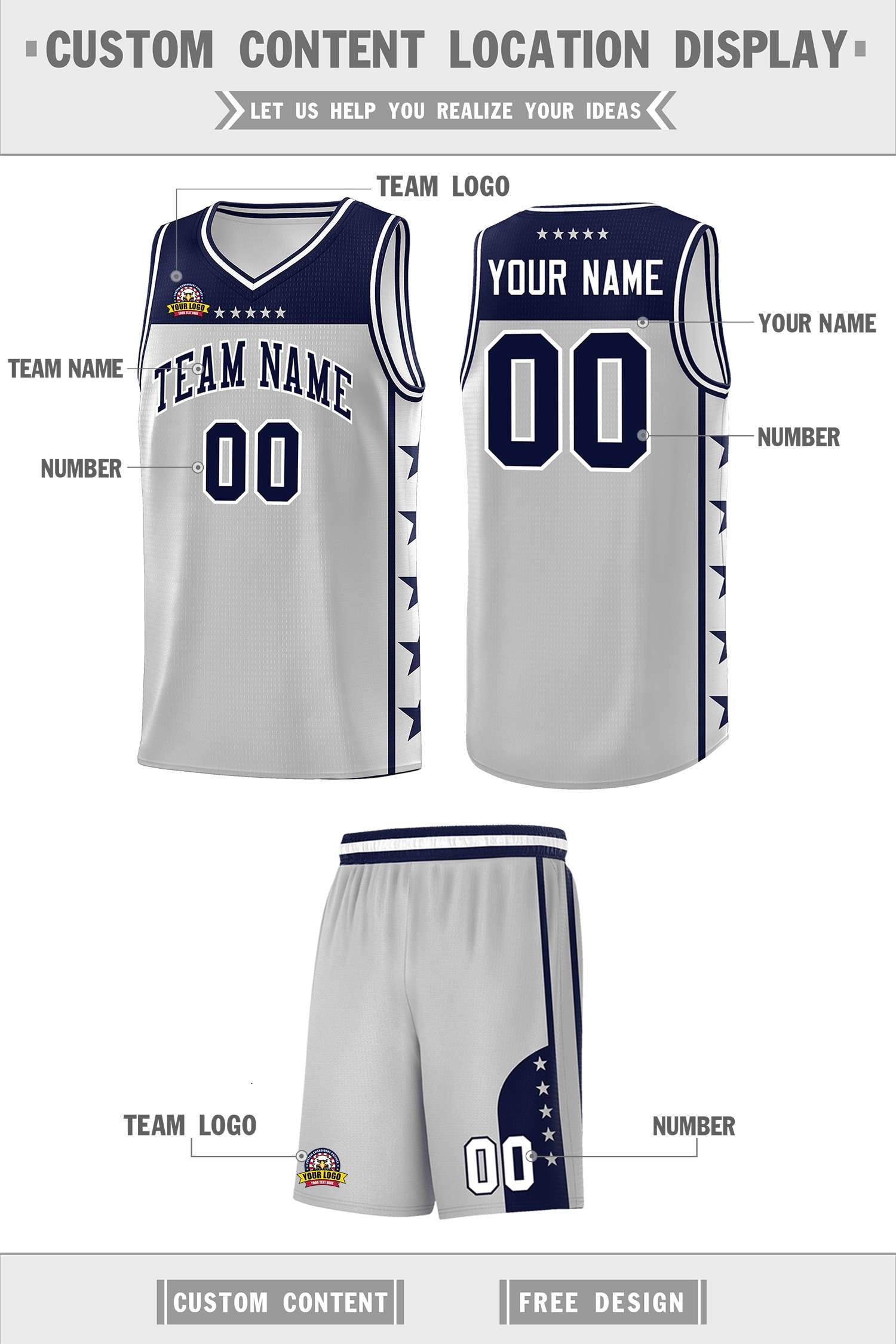 Custom Gray Navy Personalized Star Pattern Sports Uniform Basketball Jersey