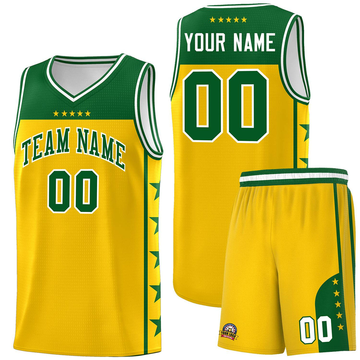Custom Gold Kelly Green Personalized Star Pattern Sports Uniform Basketball Jersey